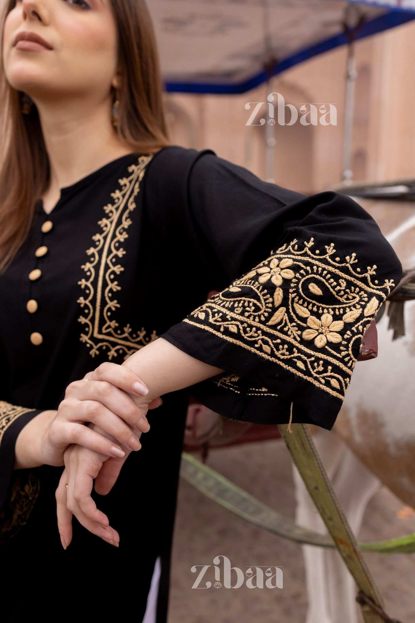 Zibaa Luxury Rayon Black Chikankari Kurta with Hand Jaal - Swadesiicart