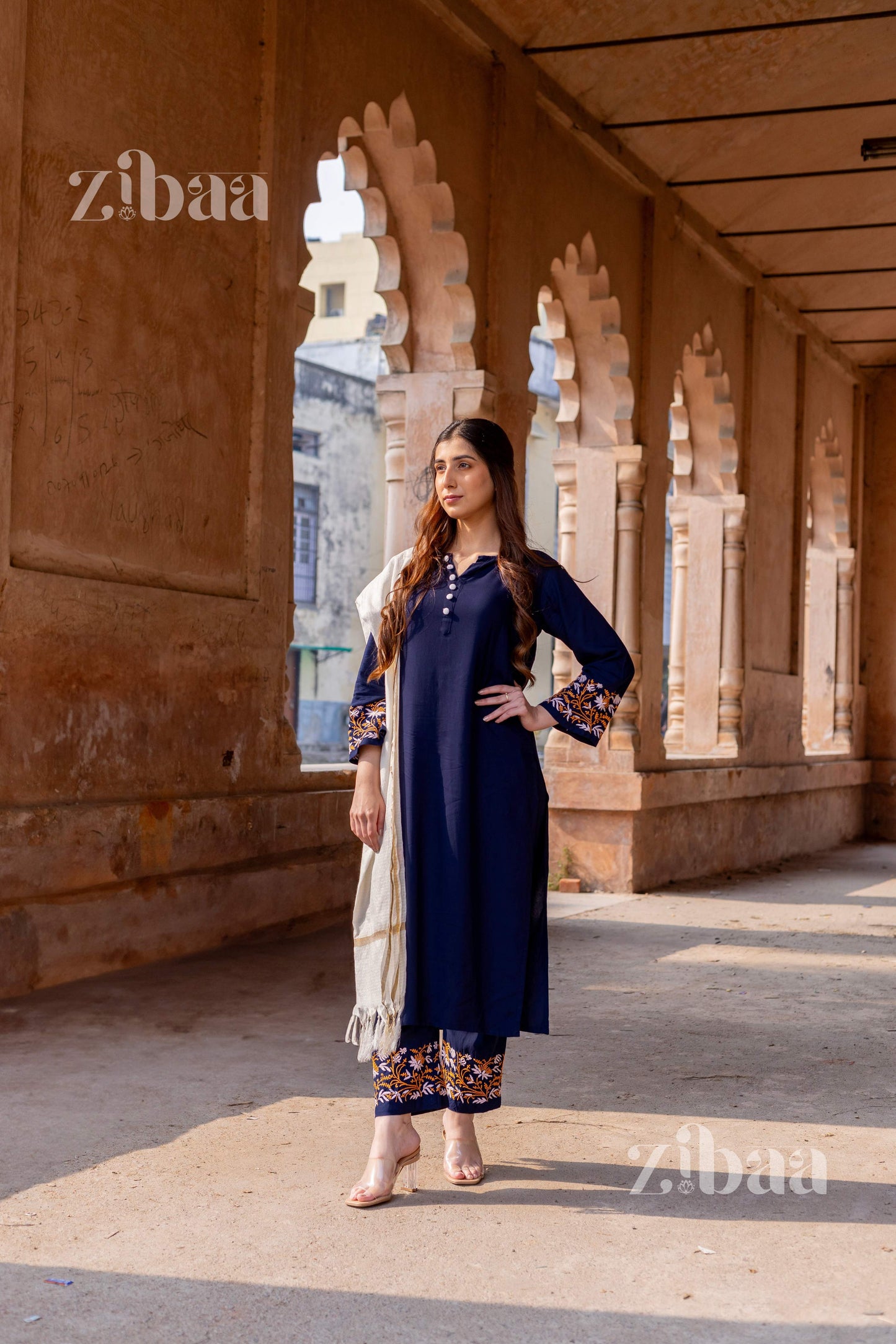 Zibaa Luxury Rayon Blue Chikankari Kurta Set with Kota Dupatta | Swadesiicart