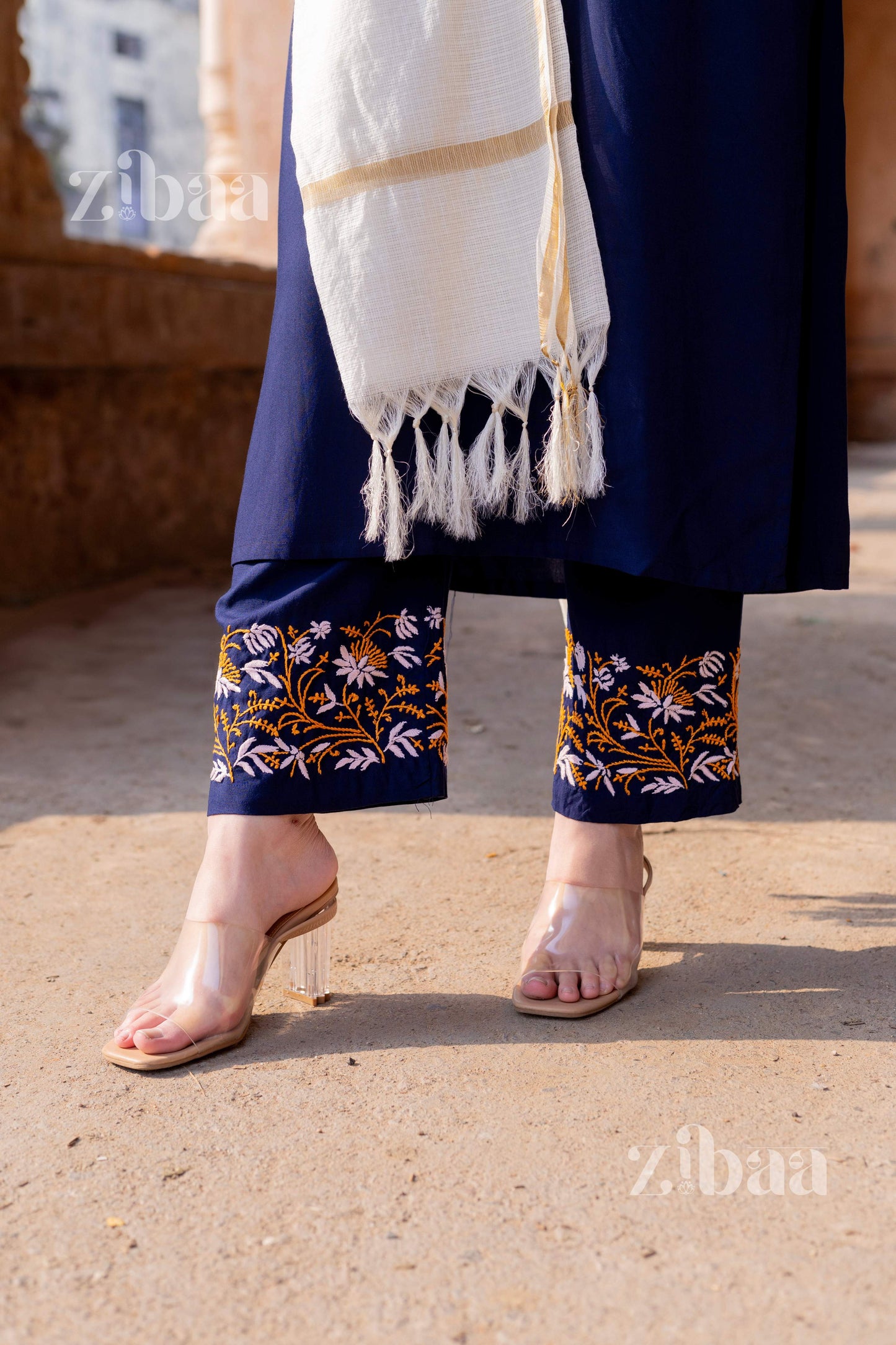 Zibaa Luxury Rayon Blue Chikankari Kurta Set with Kota Dupatta | Swadesiicart