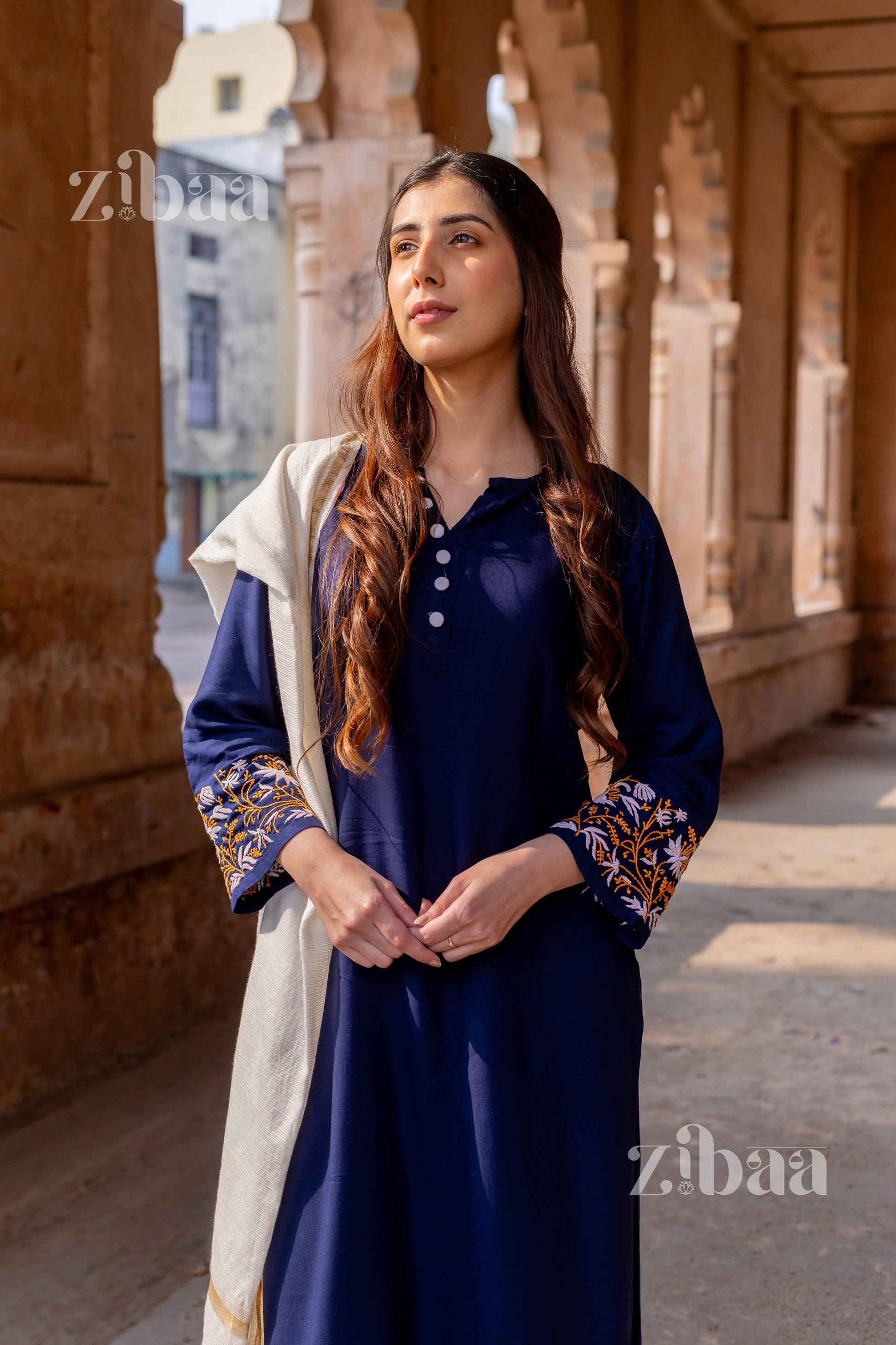 Zibaa Luxury Rayon Blue Chikankari Kurta Set with Kota Dupatta | Swadesiicart