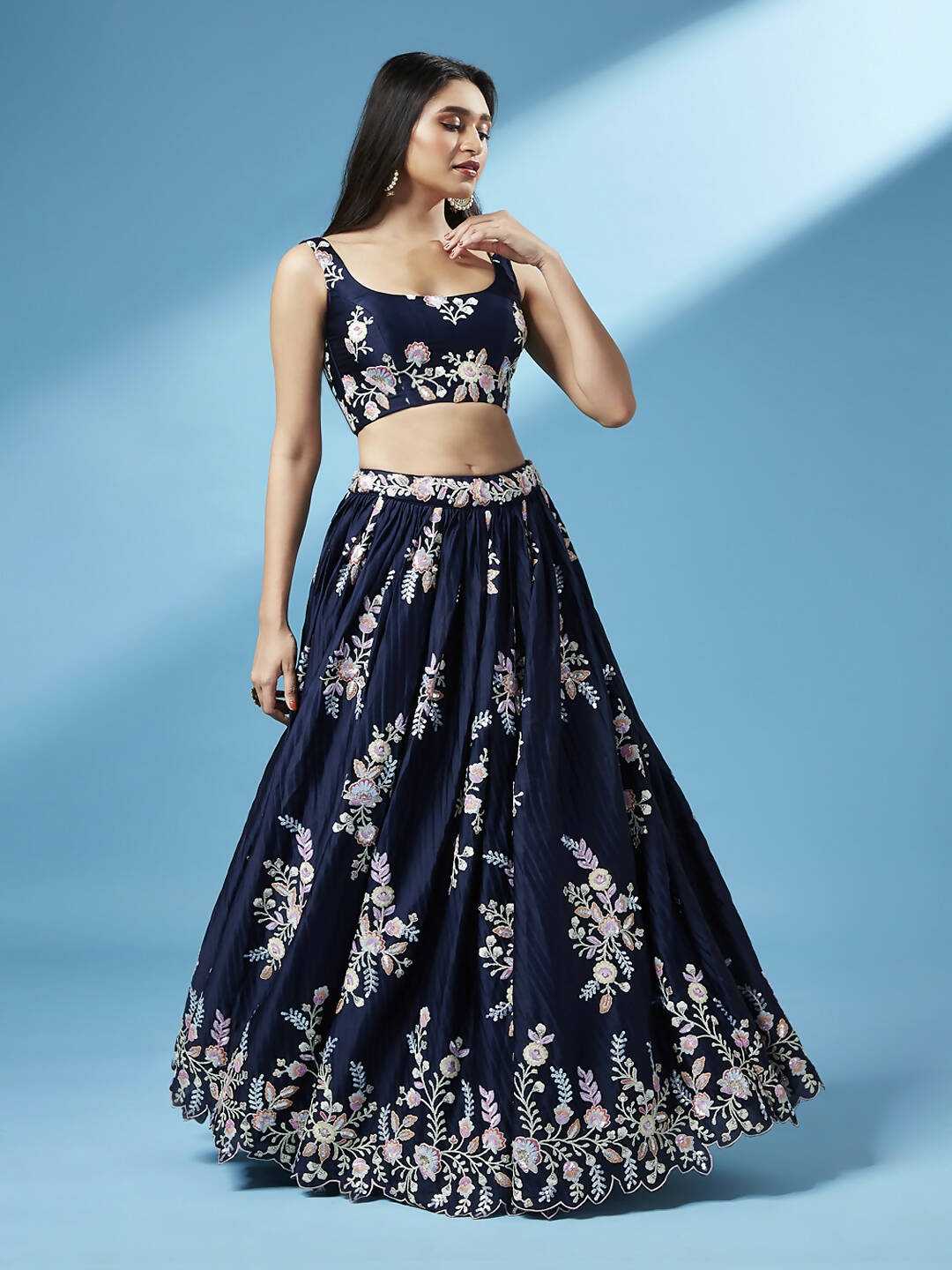 House of Panchhi Navy Blue Pure Georgette Thread & Sequinse Work Lehenga & Blouse, Dupatta | Swadesiicart