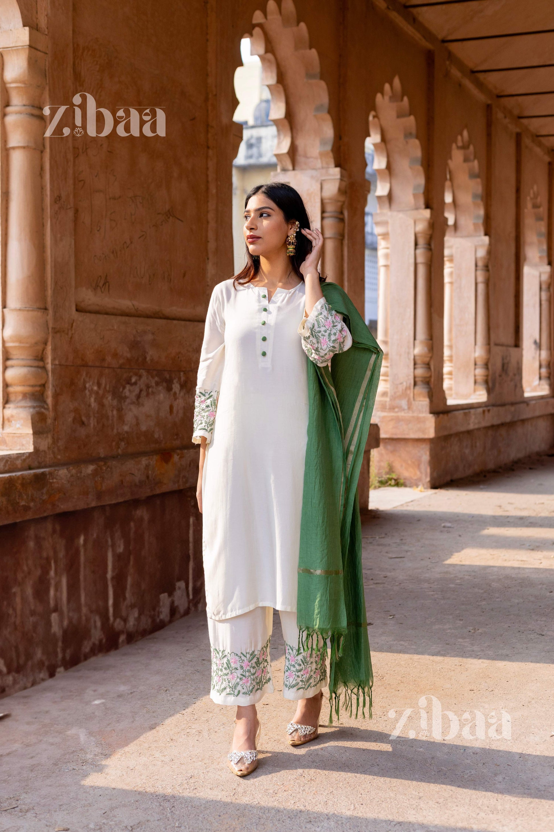Zibaa Ivory Pure Muslin Chikankari Kurta Set with Mul Dupatta | Swadesiicart