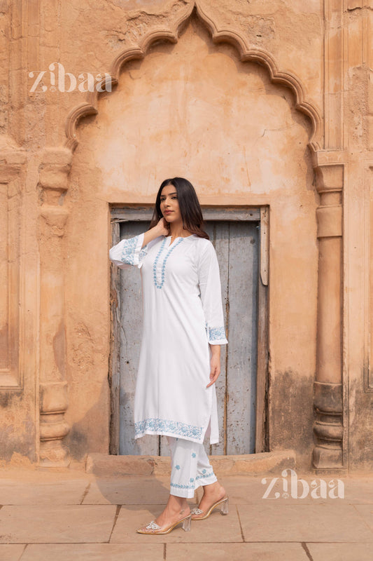 Zibaa Luxury Rayon White Chikankari Kurta Set - Swadesiicart
