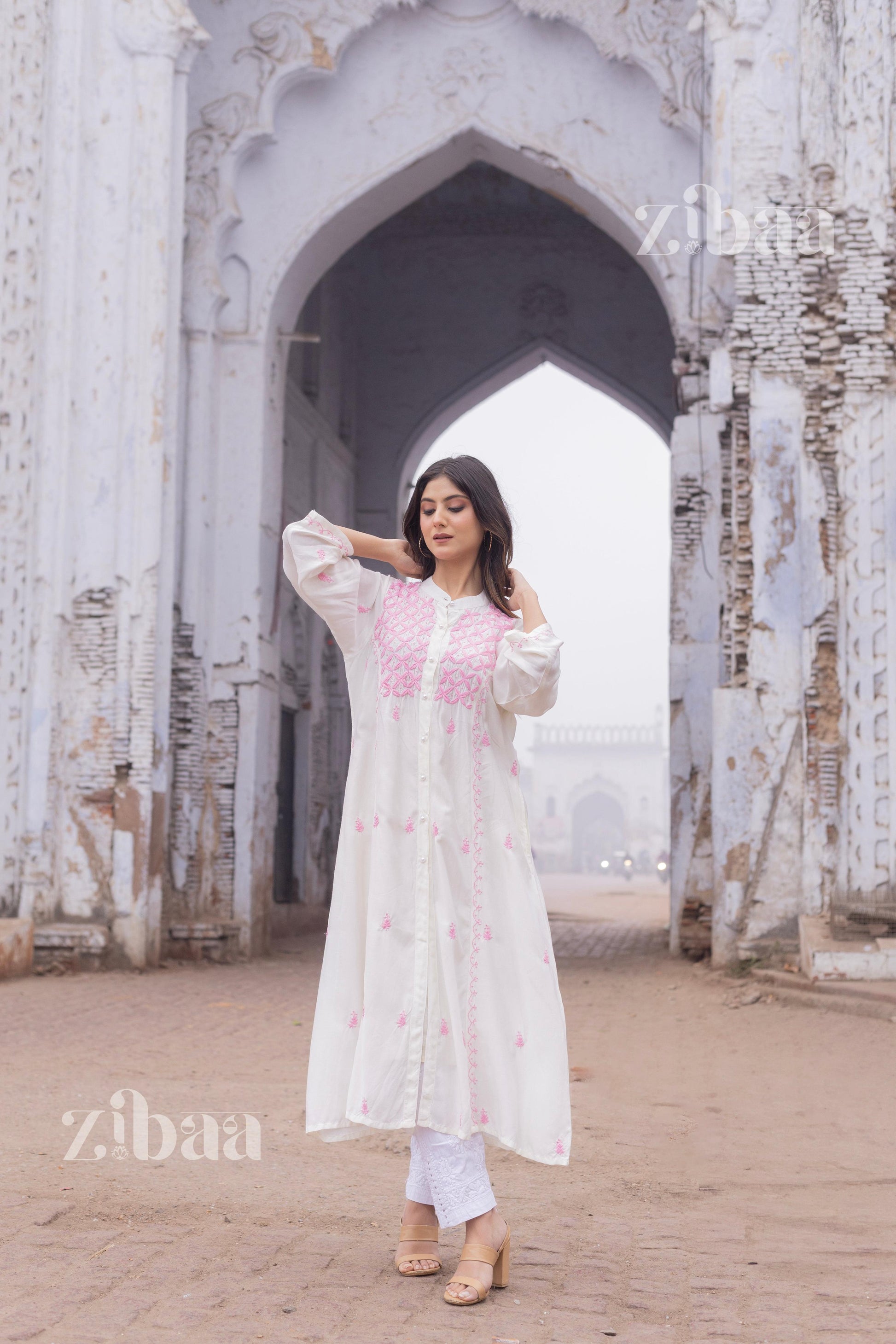 Zibaa Ivory Muslin Long Chikankari Kurta - Swadesiicart
