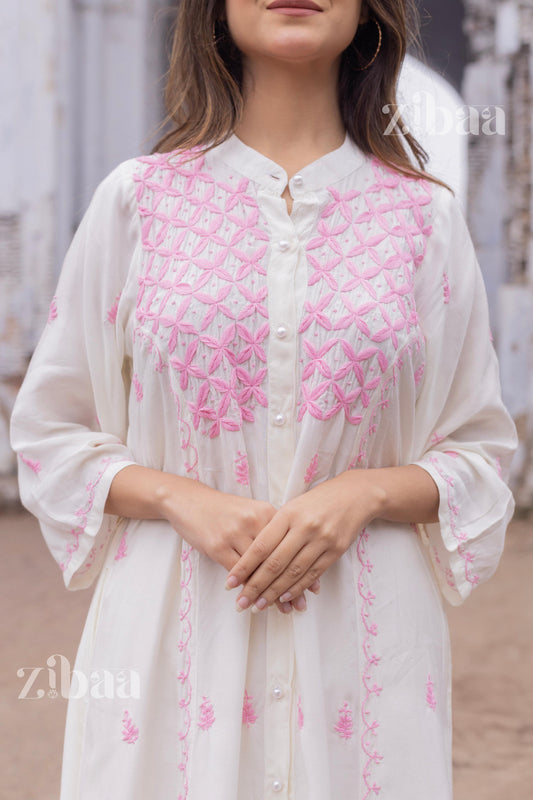 Zibaa Ivory Muslin Long Chikankari Kurta - Swadesiicart