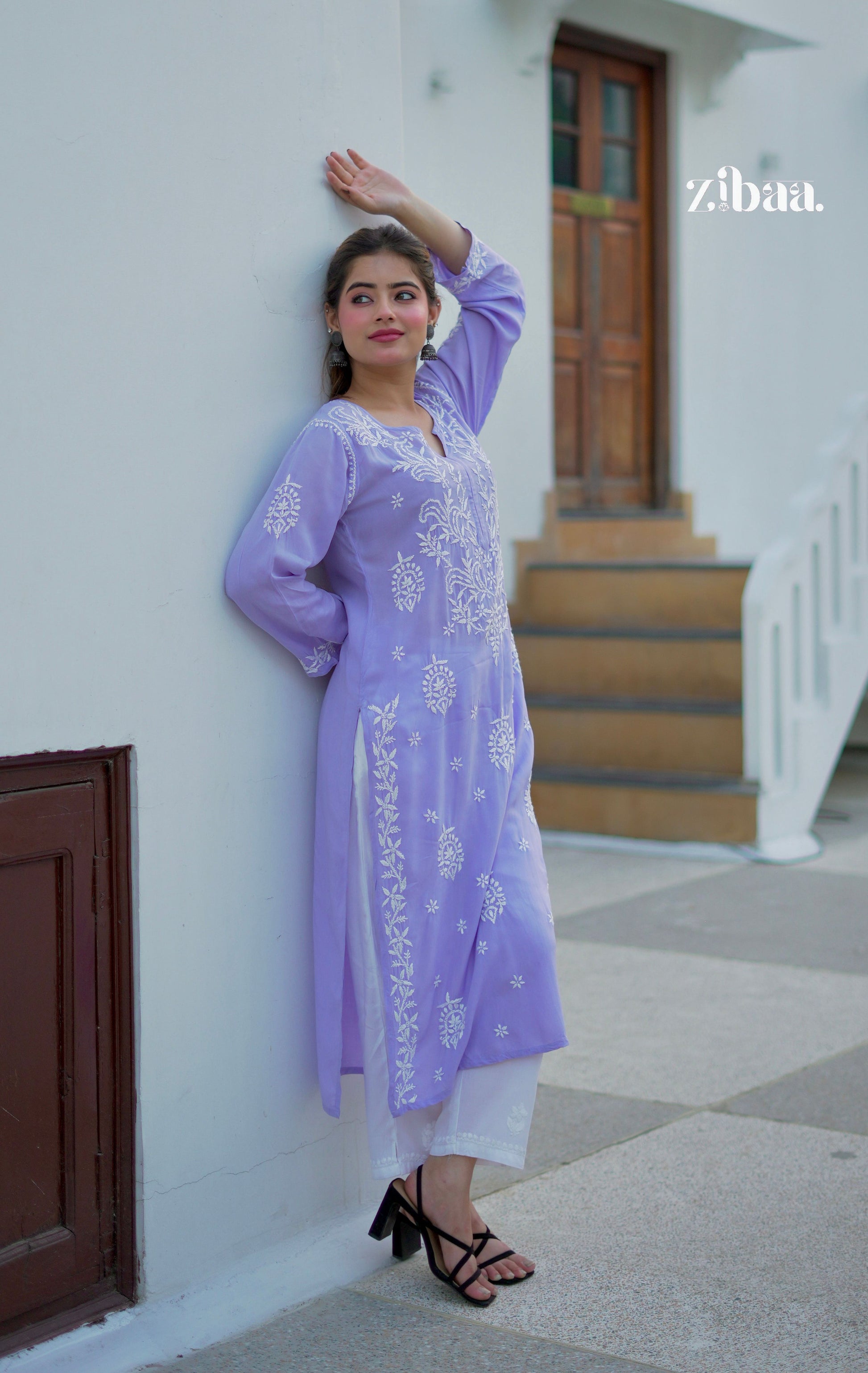 Zibaa Modal Lavender Chikankari Kurta - Swadesiicart