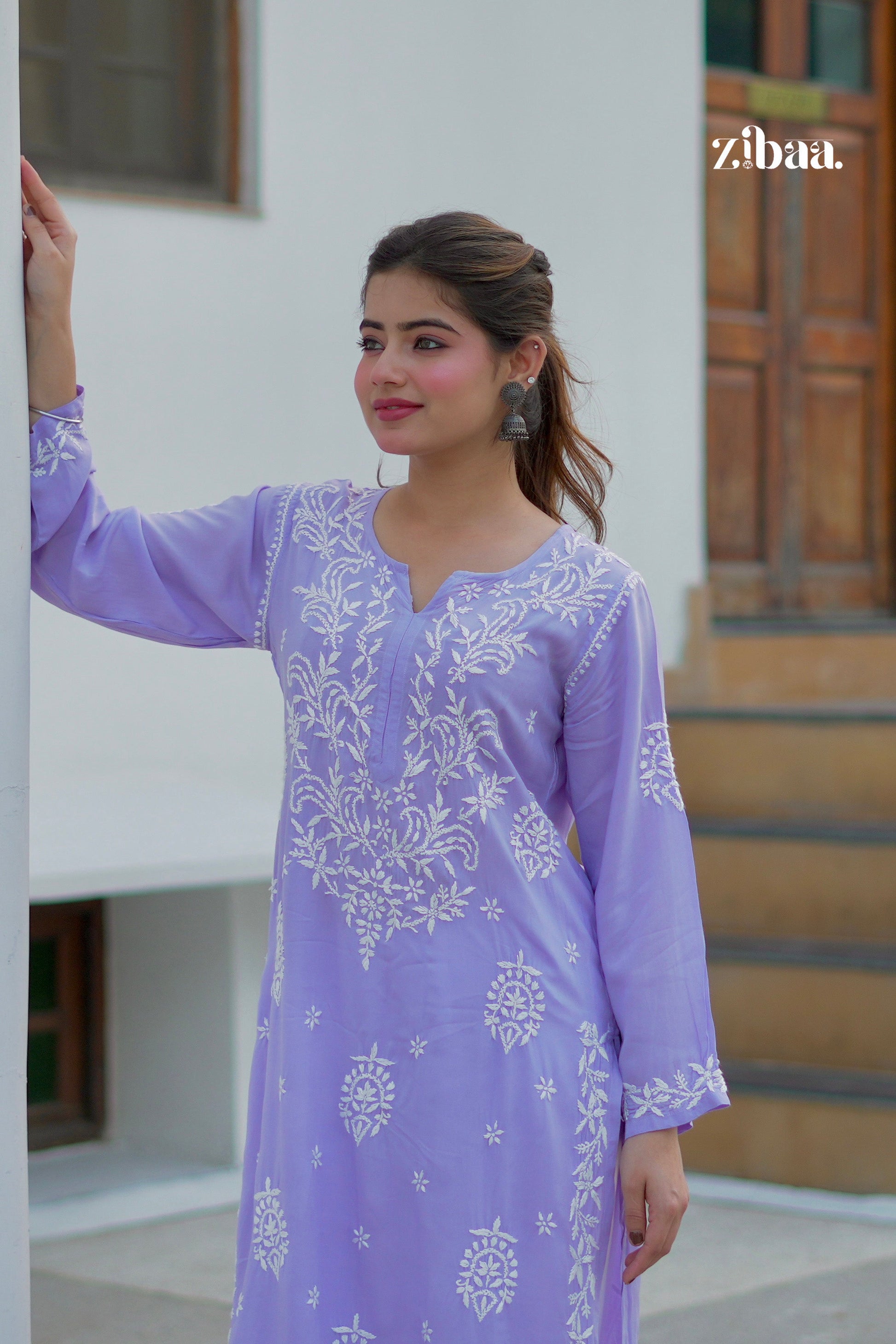 Zibaa Modal Lavender Chikankari Kurta - Swadesiicart