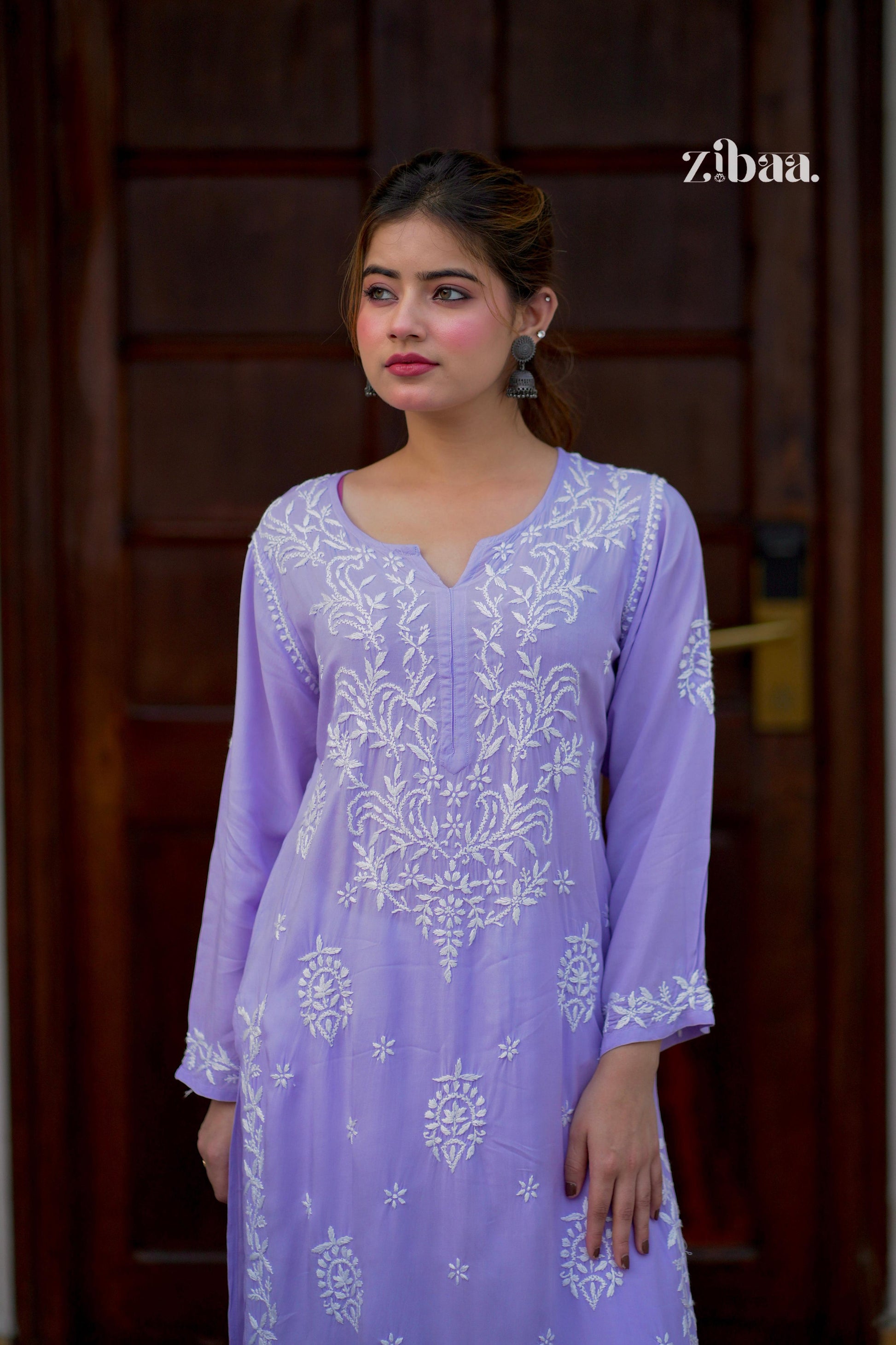 Zibaa Modal Lavender Chikankari Kurta - Swadesiicart