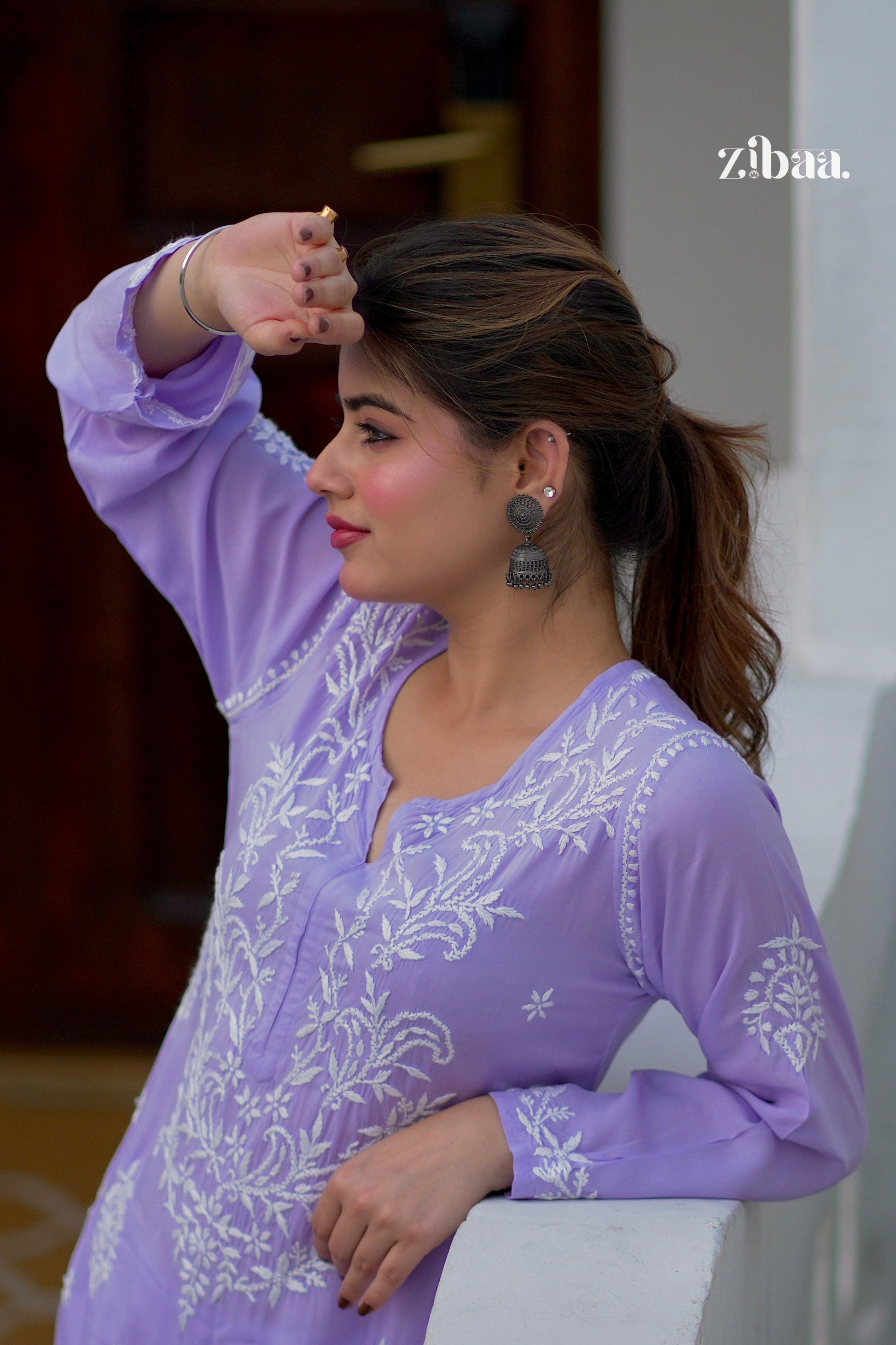 Zibaa Modal Lavender Chikankari Kurta - Swadesiicart