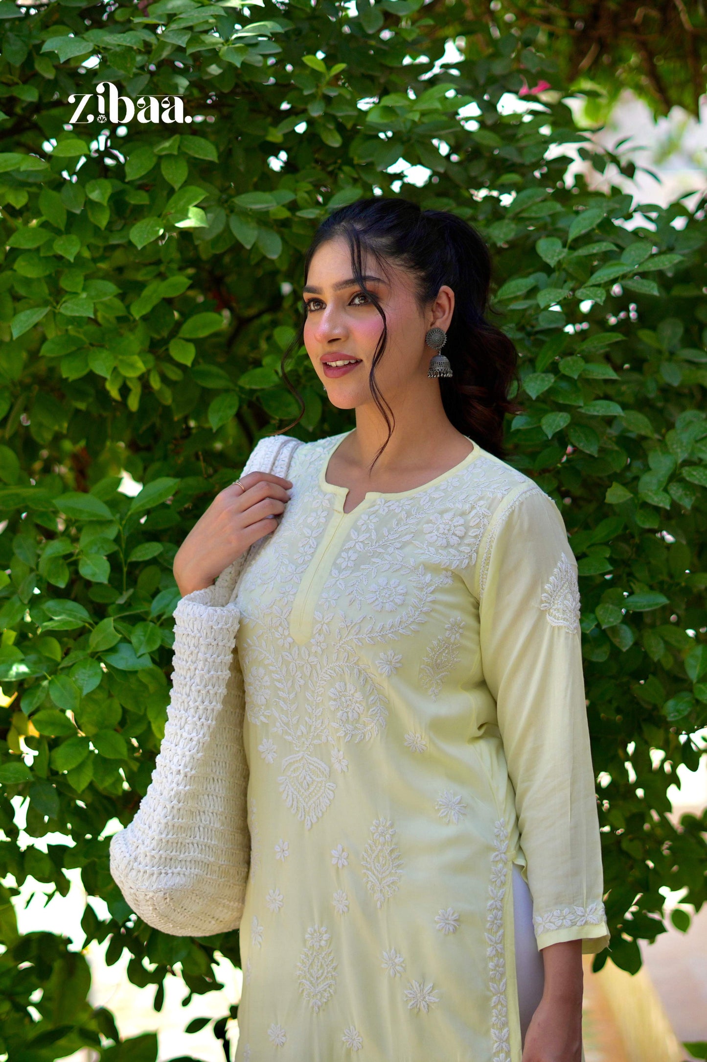 Zibaa Modal Butter Yellow Chikankari Kurta - Swadesiicart