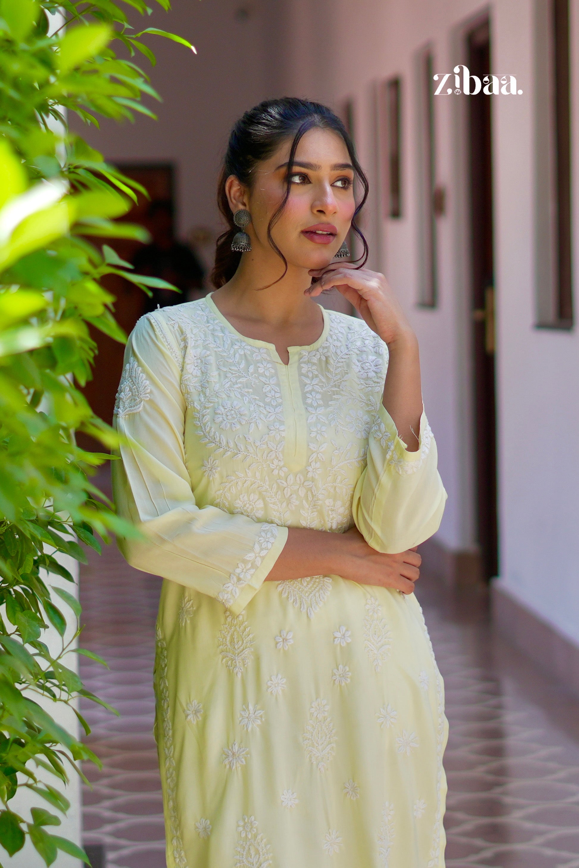 Zibaa Modal Butter Yellow Chikankari Kurta - Swadesiicart
