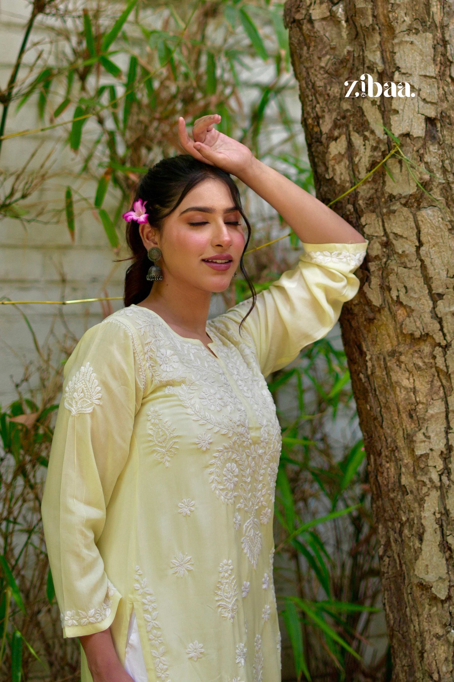 Zibaa Modal Butter Yellow Chikankari Kurta - Swadesiicart