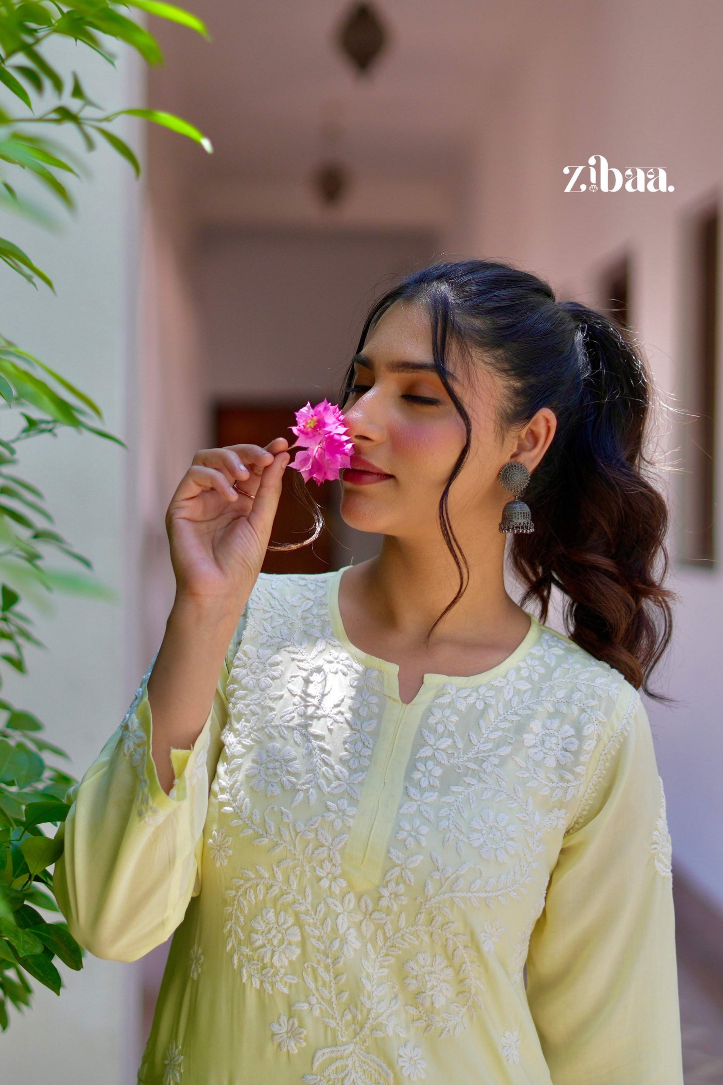 Zibaa Modal Butter Yellow Chikankari Kurta - Swadesiicart