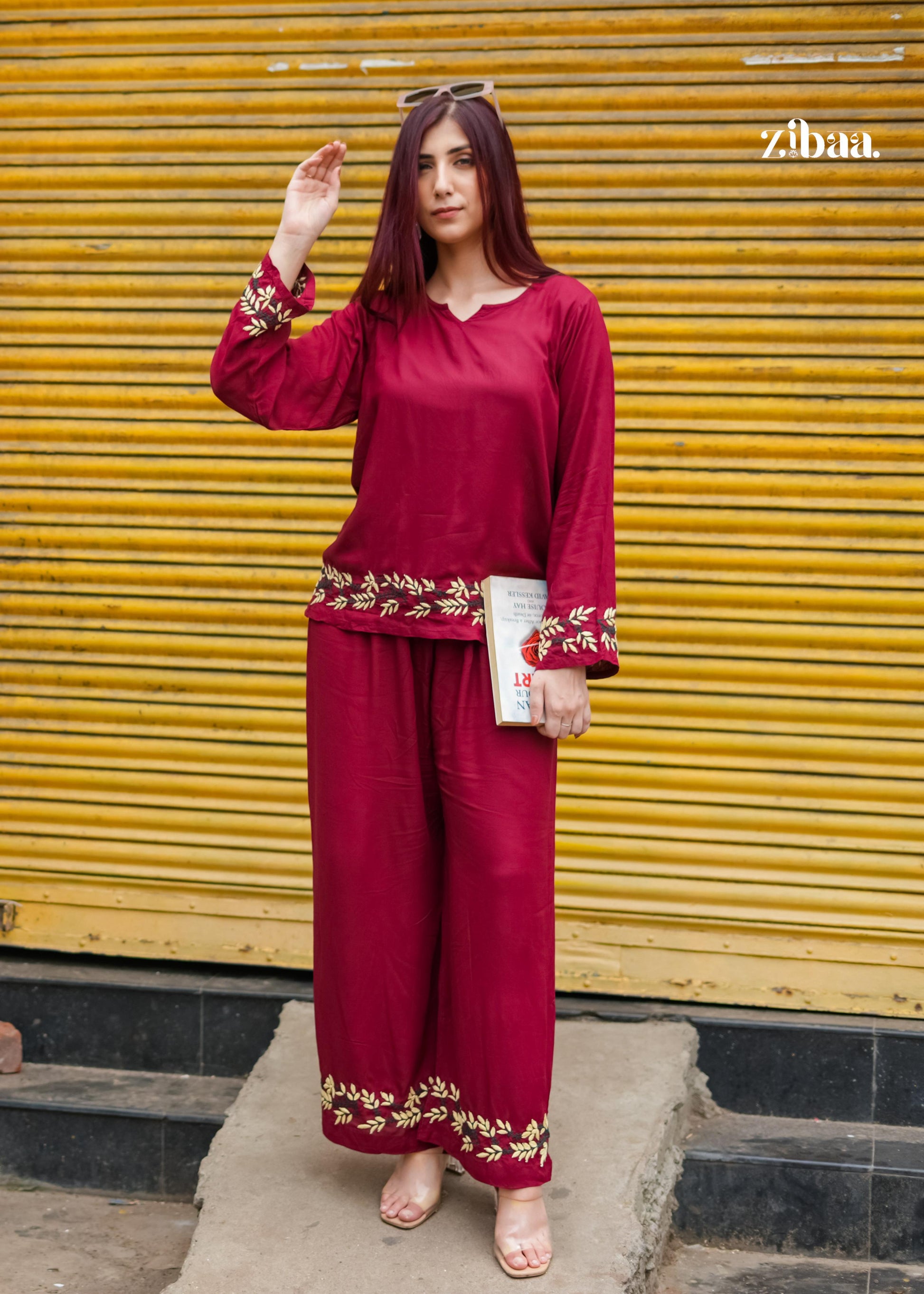 Zibaa Deep Burgundy Luxury Rayon Chikankari Coord Set - Swadesiicart