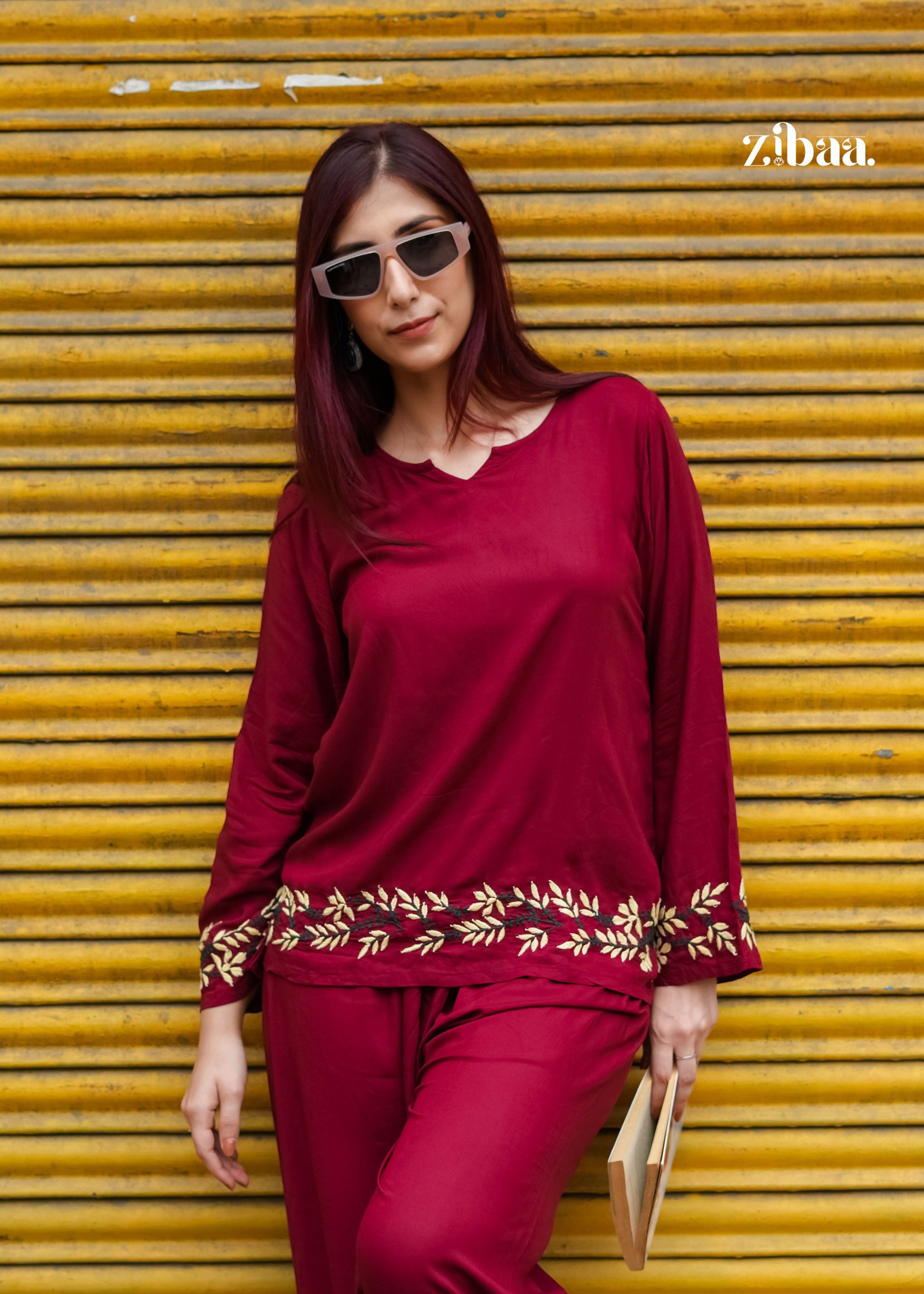 Zibaa Deep Burgundy Luxury Rayon Chikankari Coord Set - Swadesiicart