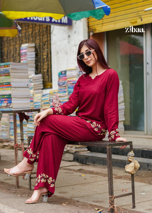 Zibaa Deep Burgundy Luxury Rayon Chikankari Coord Set - Swadesiicart