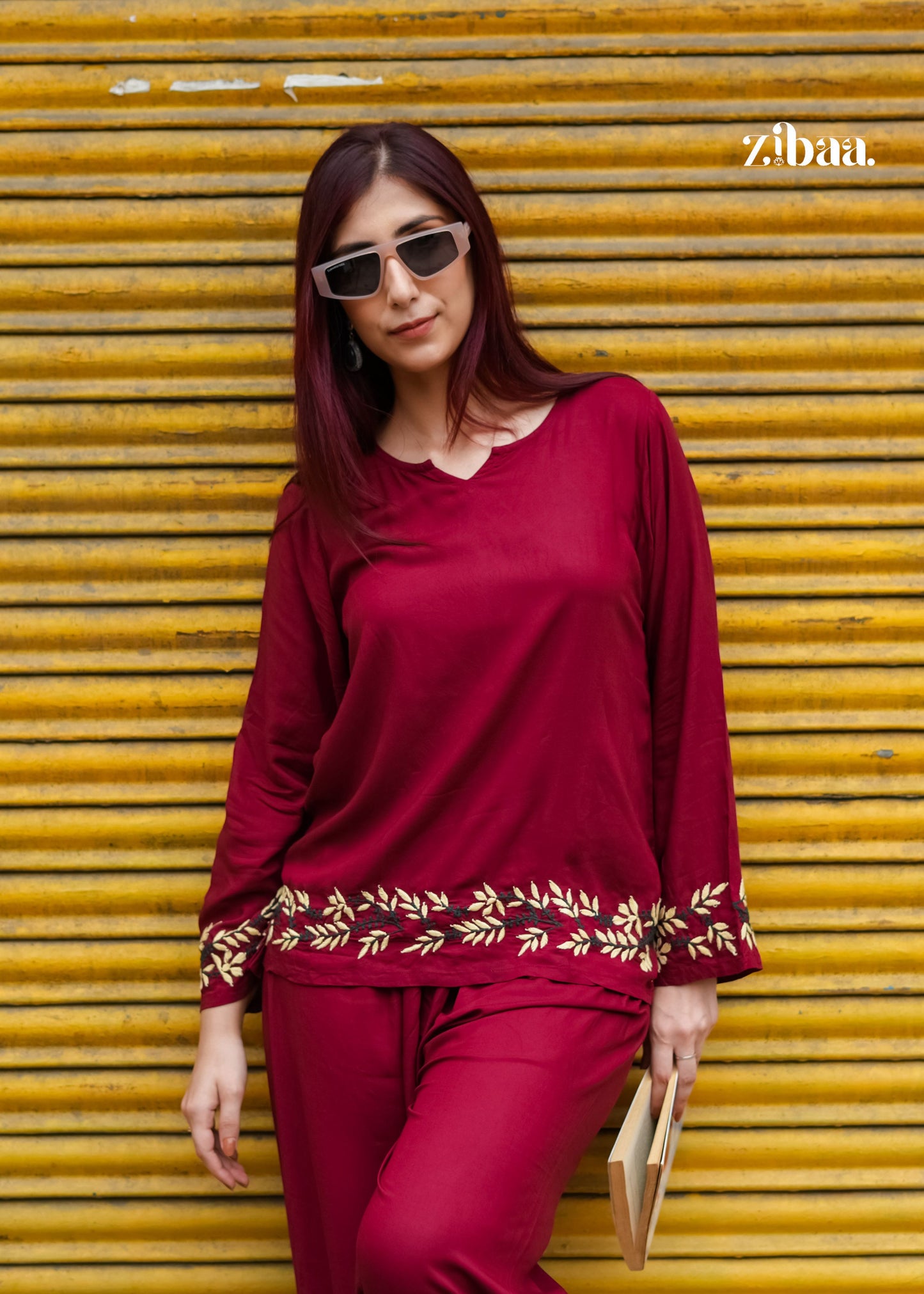 Zibaa Deep Burgundy Luxury Rayon Chikankari Coord Set - Swadesiicart