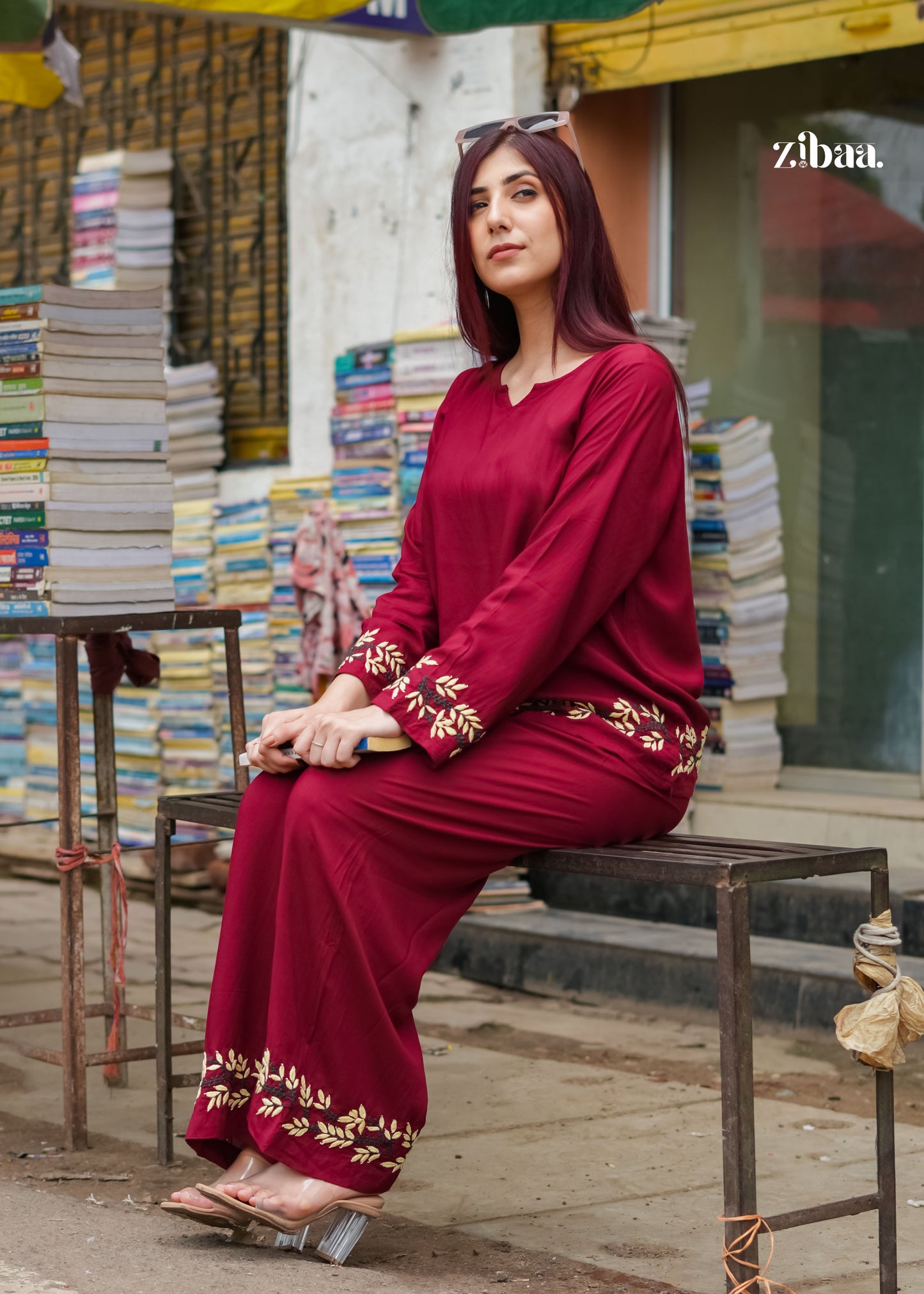 Zibaa Deep Burgundy Luxury Rayon Chikankari Coord Set - Swadesiicart