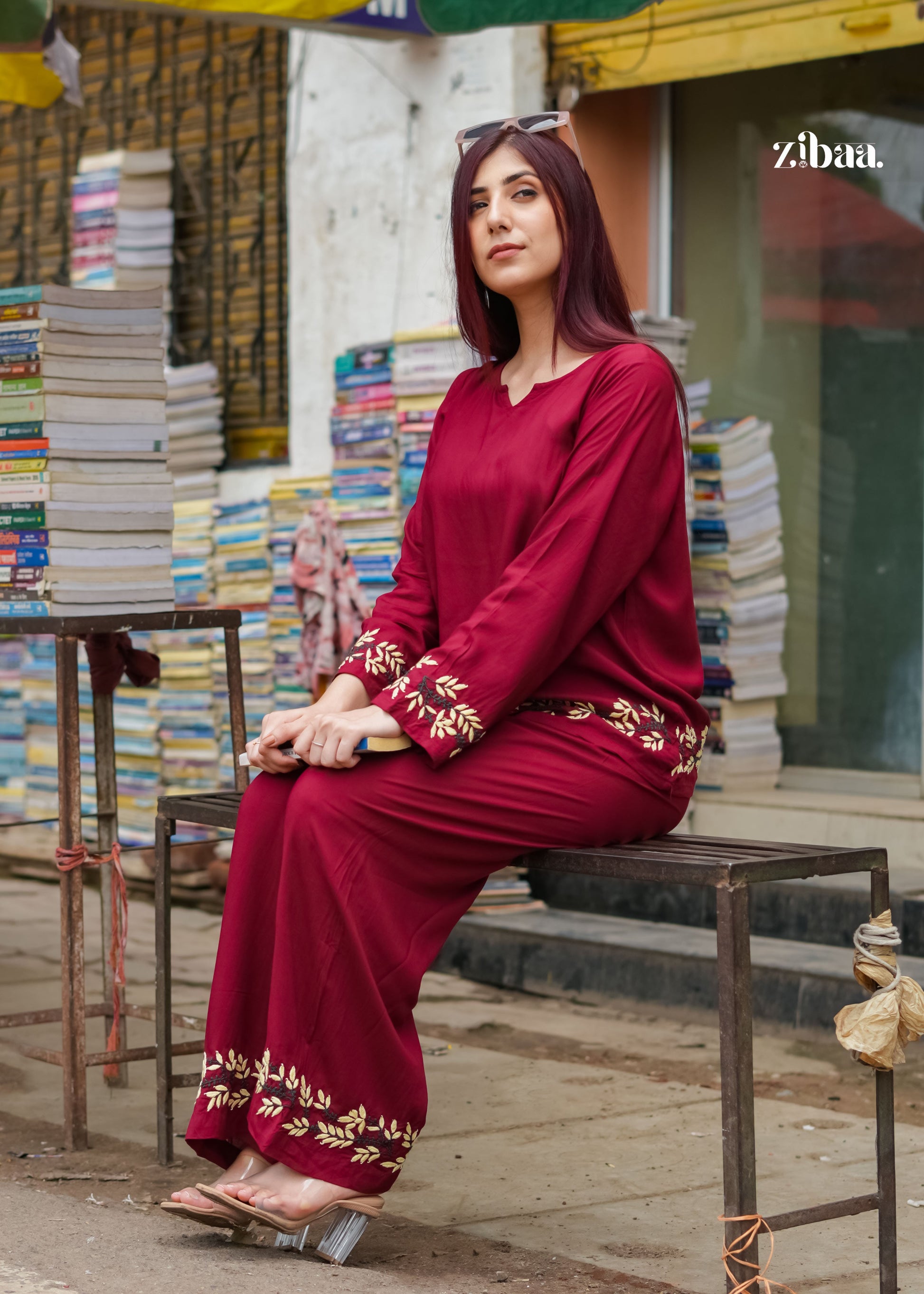 Zibaa Deep Burgundy Luxury Rayon Chikankari Coord Set - Swadesiicart