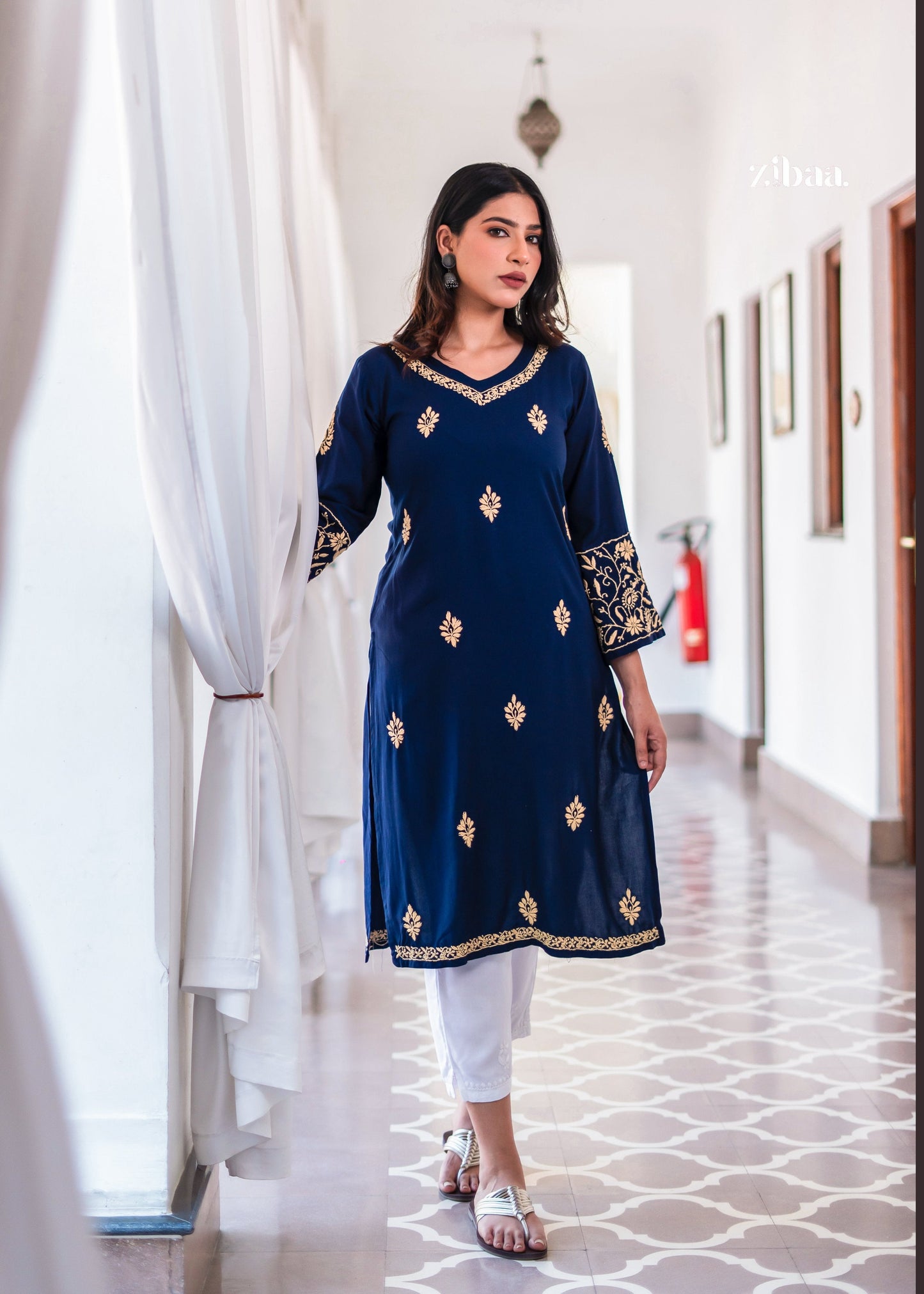 Zibaa Blue & Gold Luxury Rayon Chikankari Kurta - Swadesiicart
