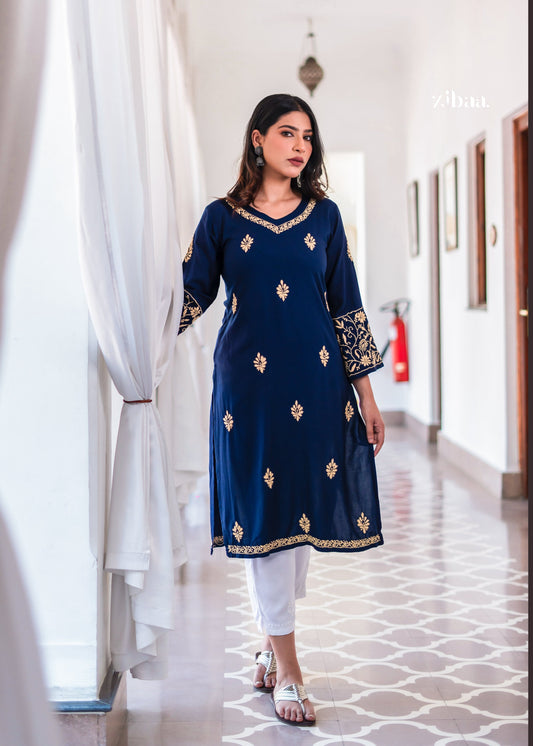 Zibaa Blue & Gold Luxury Rayon Chikankari Kurta - Swadesiicart