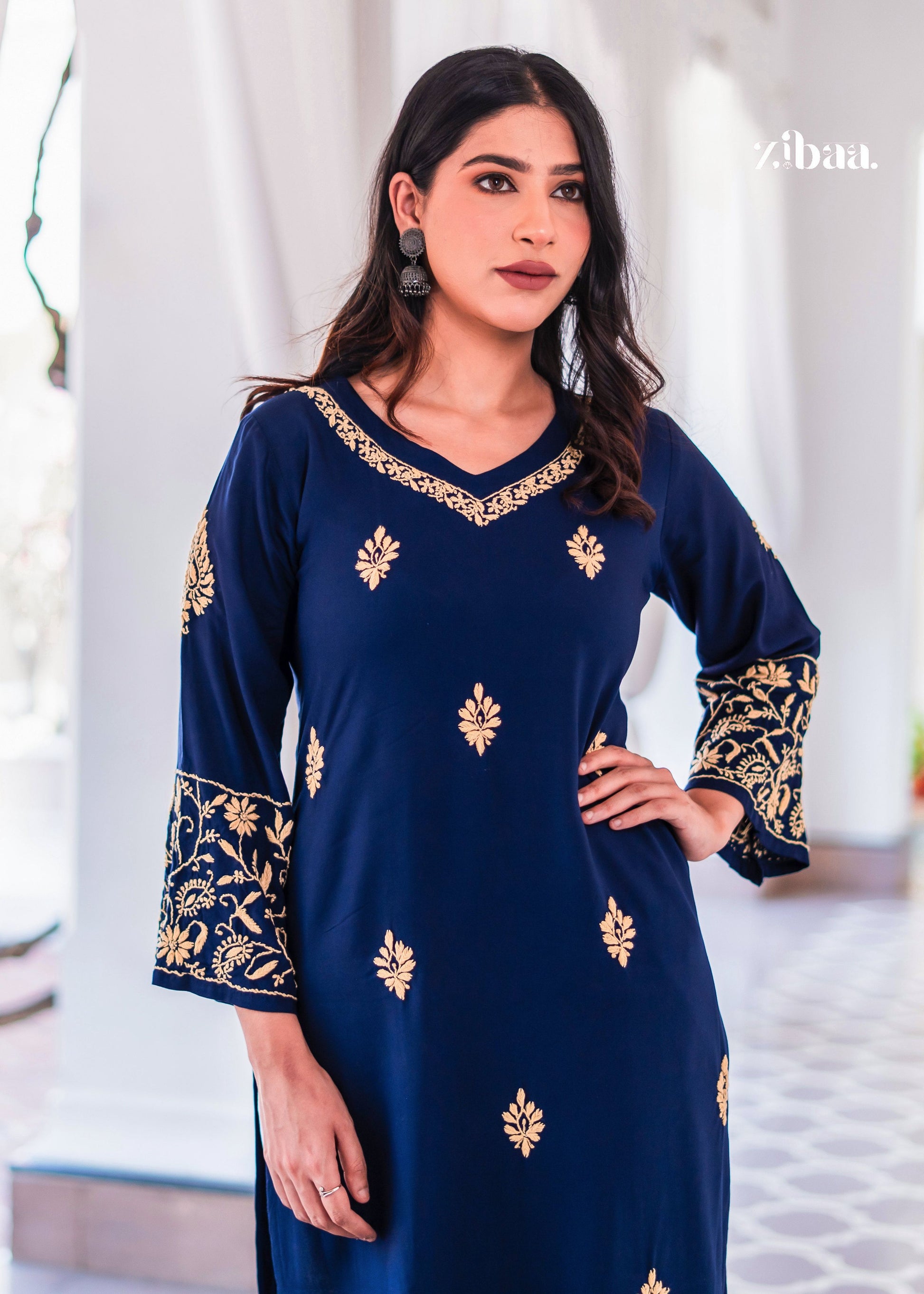 Zibaa Blue & Gold Luxury Rayon Chikankari Kurta - Swadesiicart