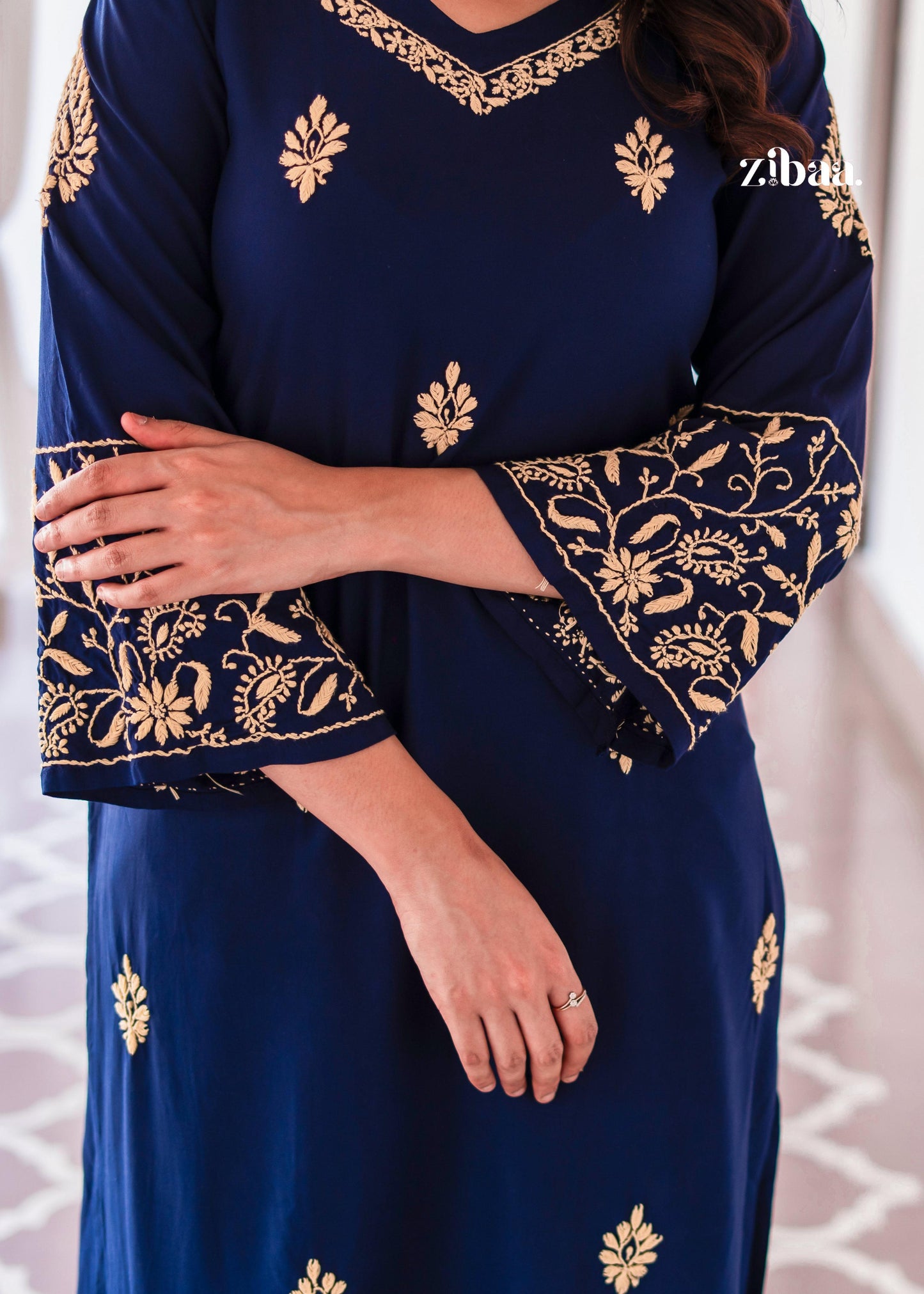 Zibaa Blue & Gold Luxury Rayon Chikankari Kurta - Swadesiicart