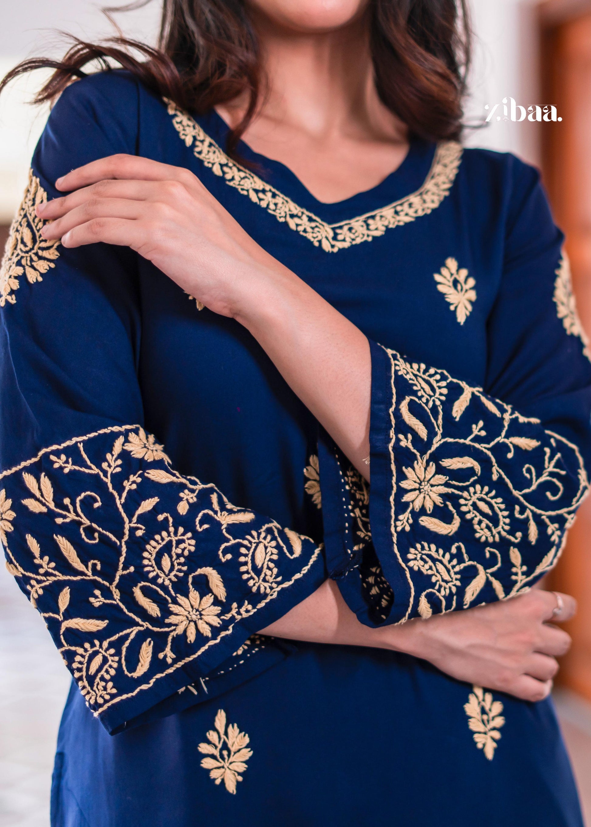 Zibaa Blue & Gold Luxury Rayon Chikankari Kurta - Swadesiicart