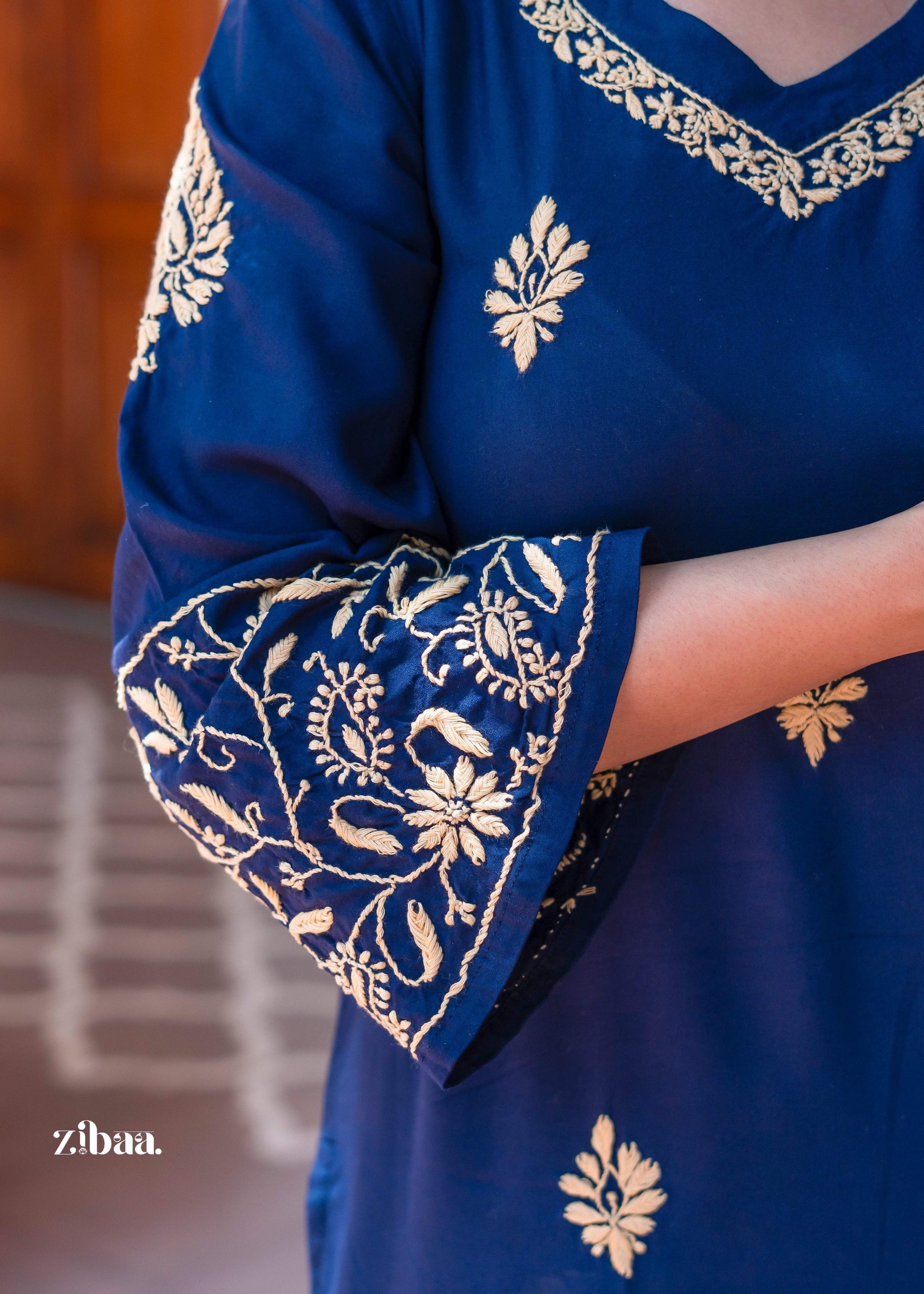 Zibaa Blue & Gold Luxury Rayon Chikankari Kurta - Swadesiicart