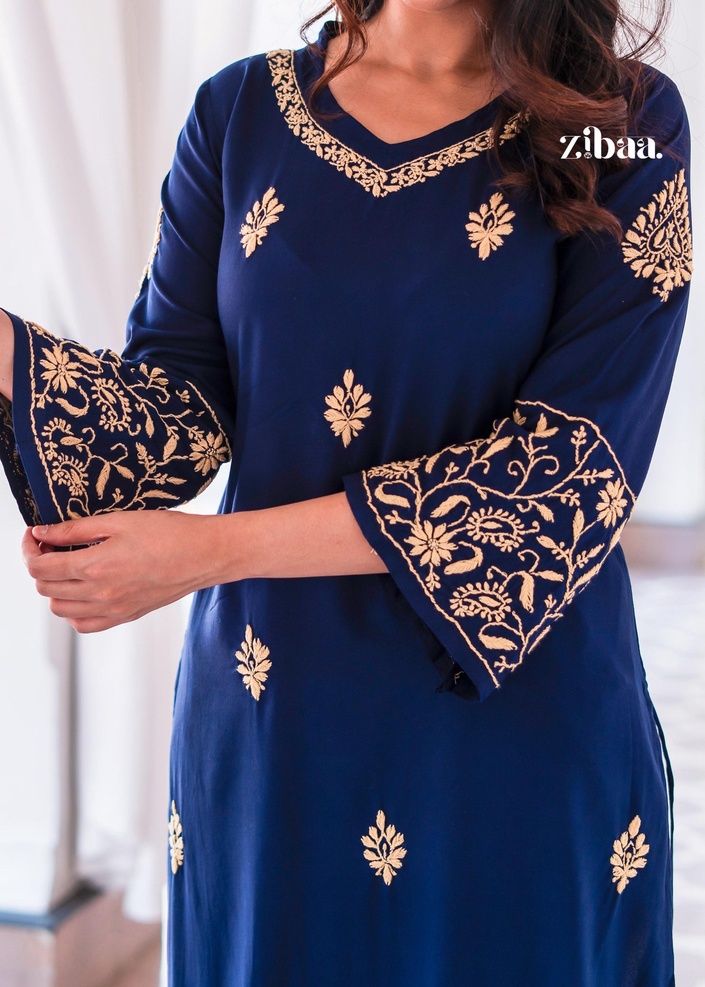 Zibaa Blue & Gold Luxury Rayon Chikankari Kurta - Swadesiicart