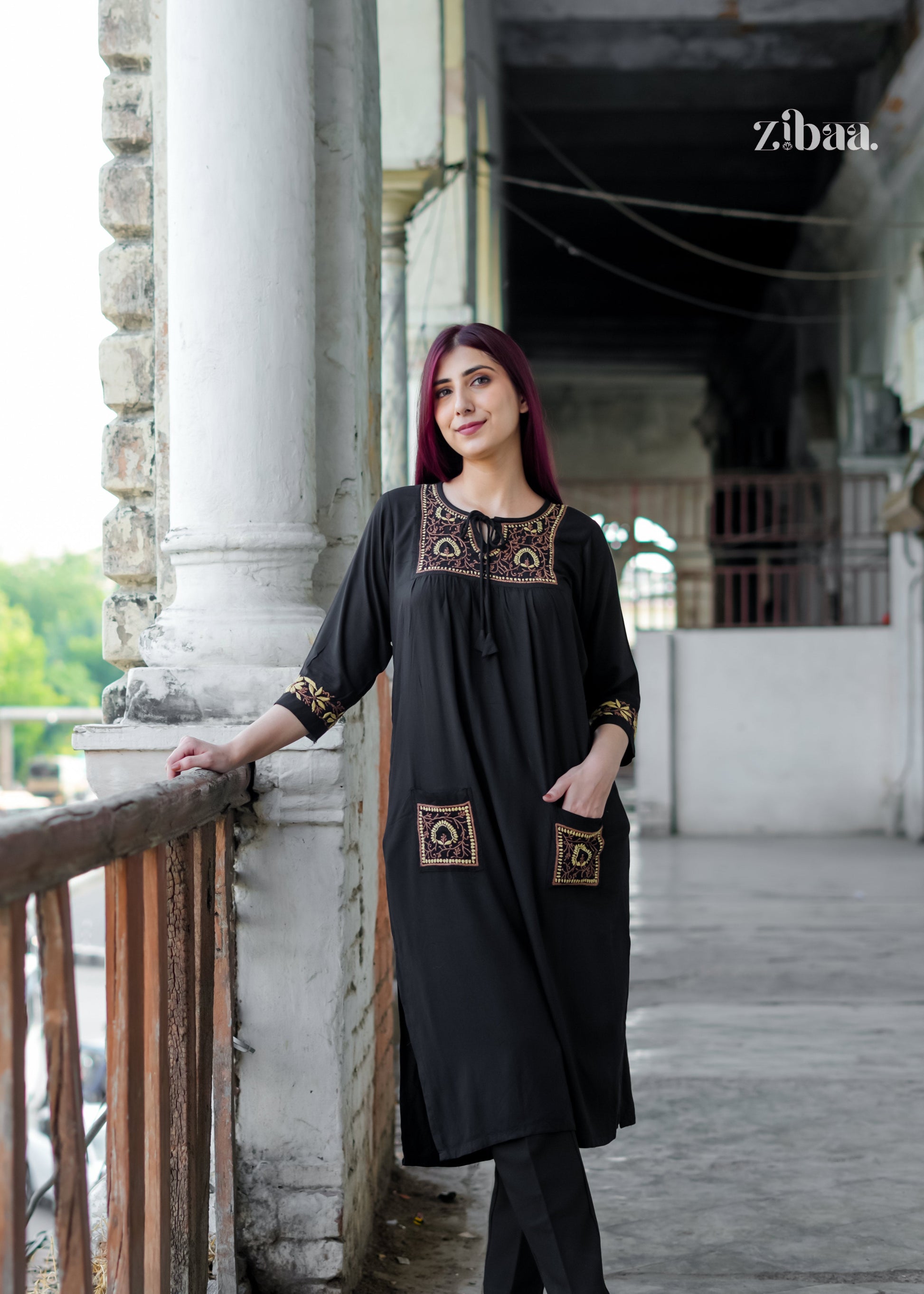 Zibaa Black & Gold Rayon Chikankari Kurta - Swadesiicart