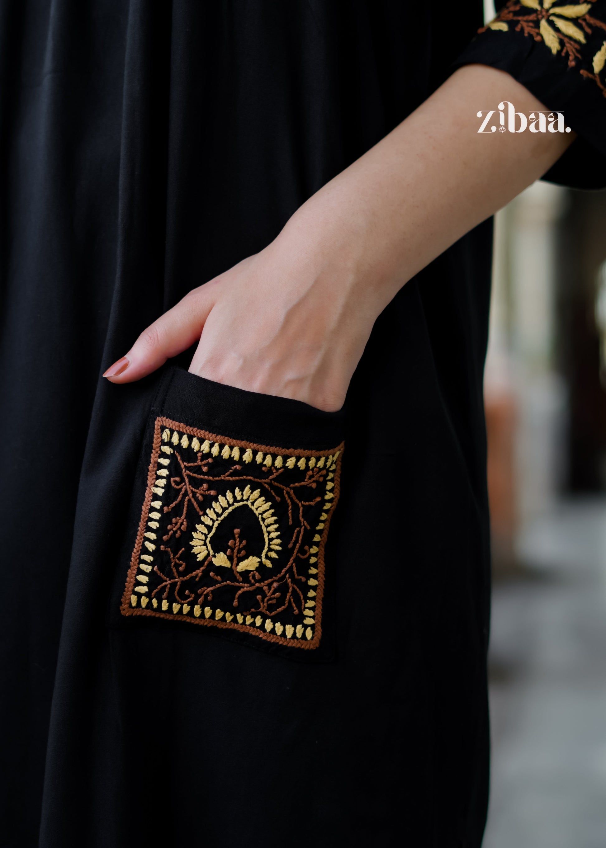 Zibaa Black & Gold Rayon Chikankari Kurta - Swadesiicart
