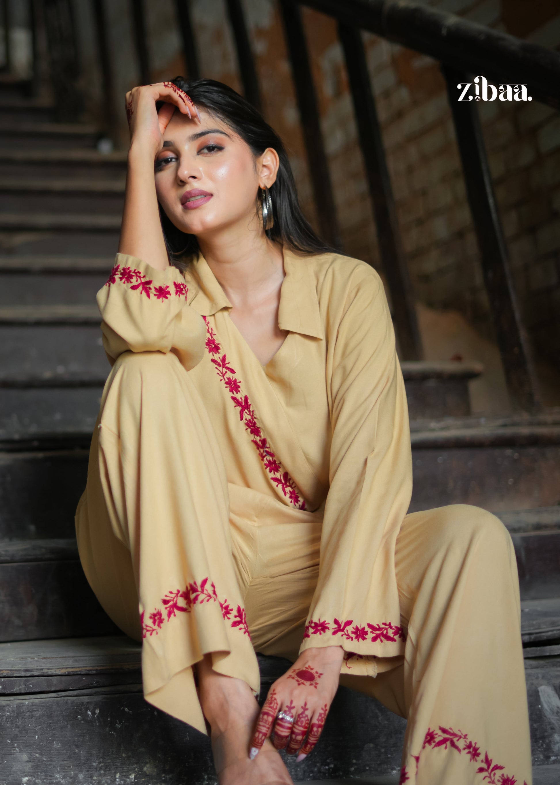 Zibaa Beige Rayon Chikankari Co-ord Set - Swadesiicart