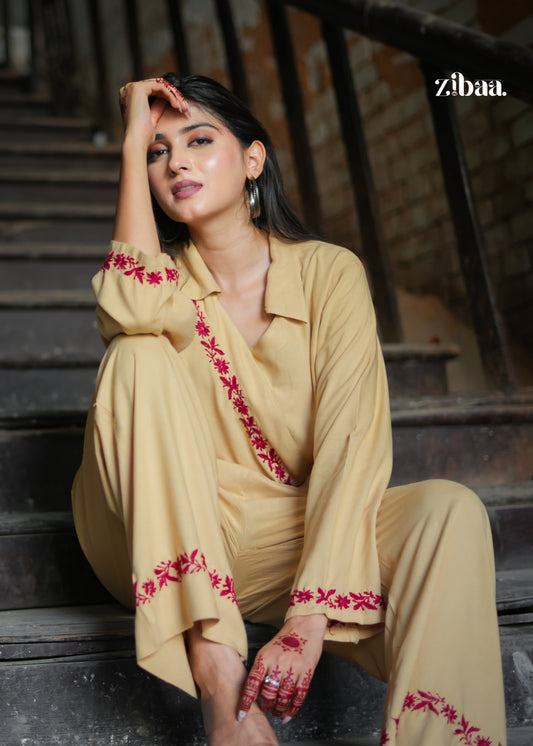 Zibaa Beige Rayon Chikankari Co-ord Set - Swadesiicart