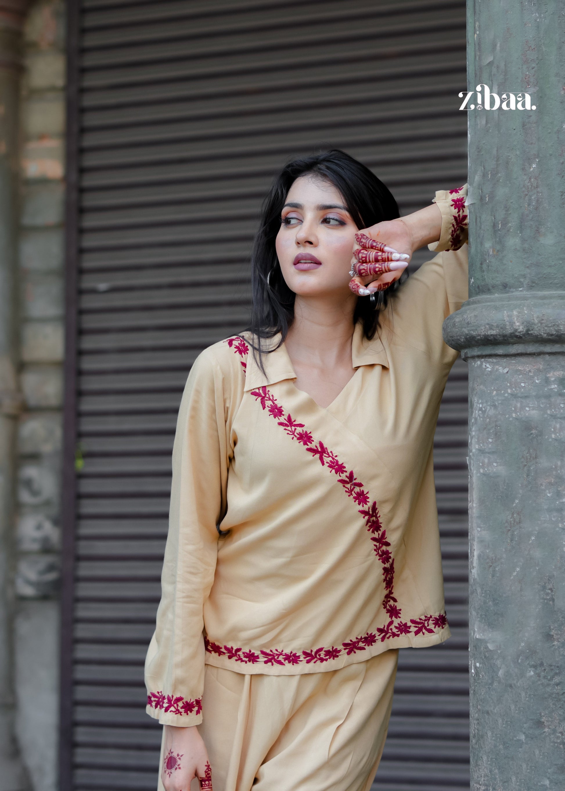 Zibaa Beige Rayon Chikankari Co-ord Set - Swadesiicart