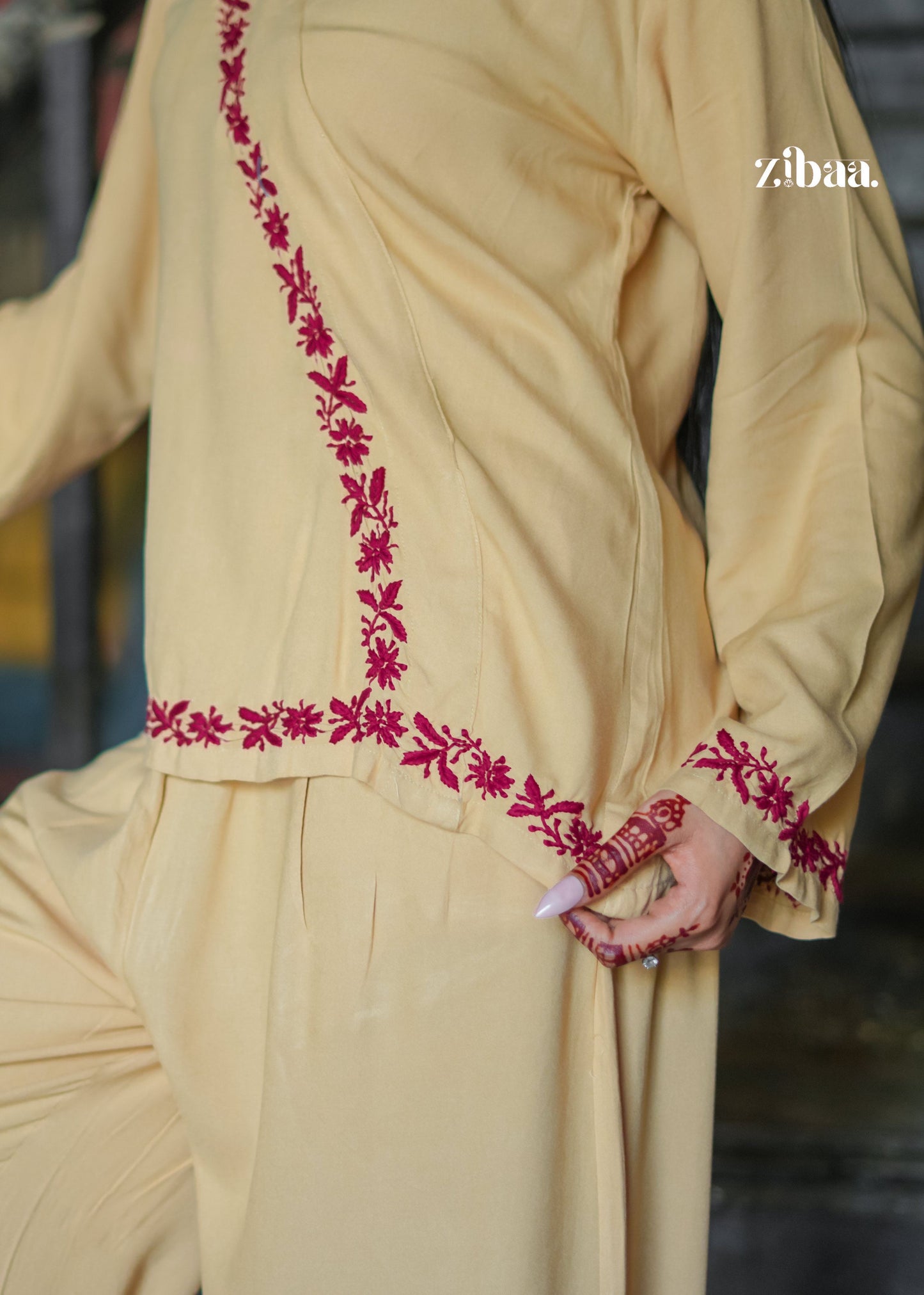 Zibaa Beige Rayon Chikankari Co-ord Set - Swadesiicart