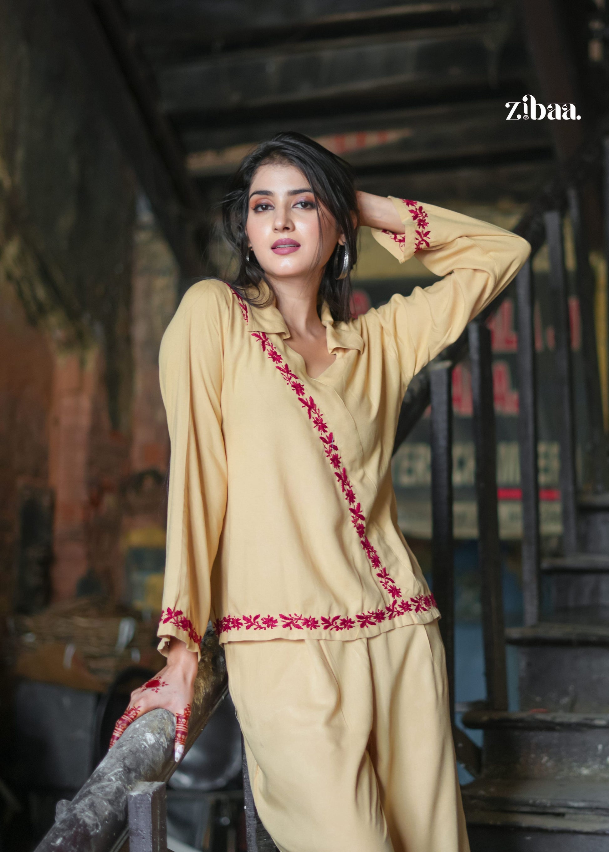 Zibaa Beige Rayon Chikankari Co-ord Set - Swadesiicart