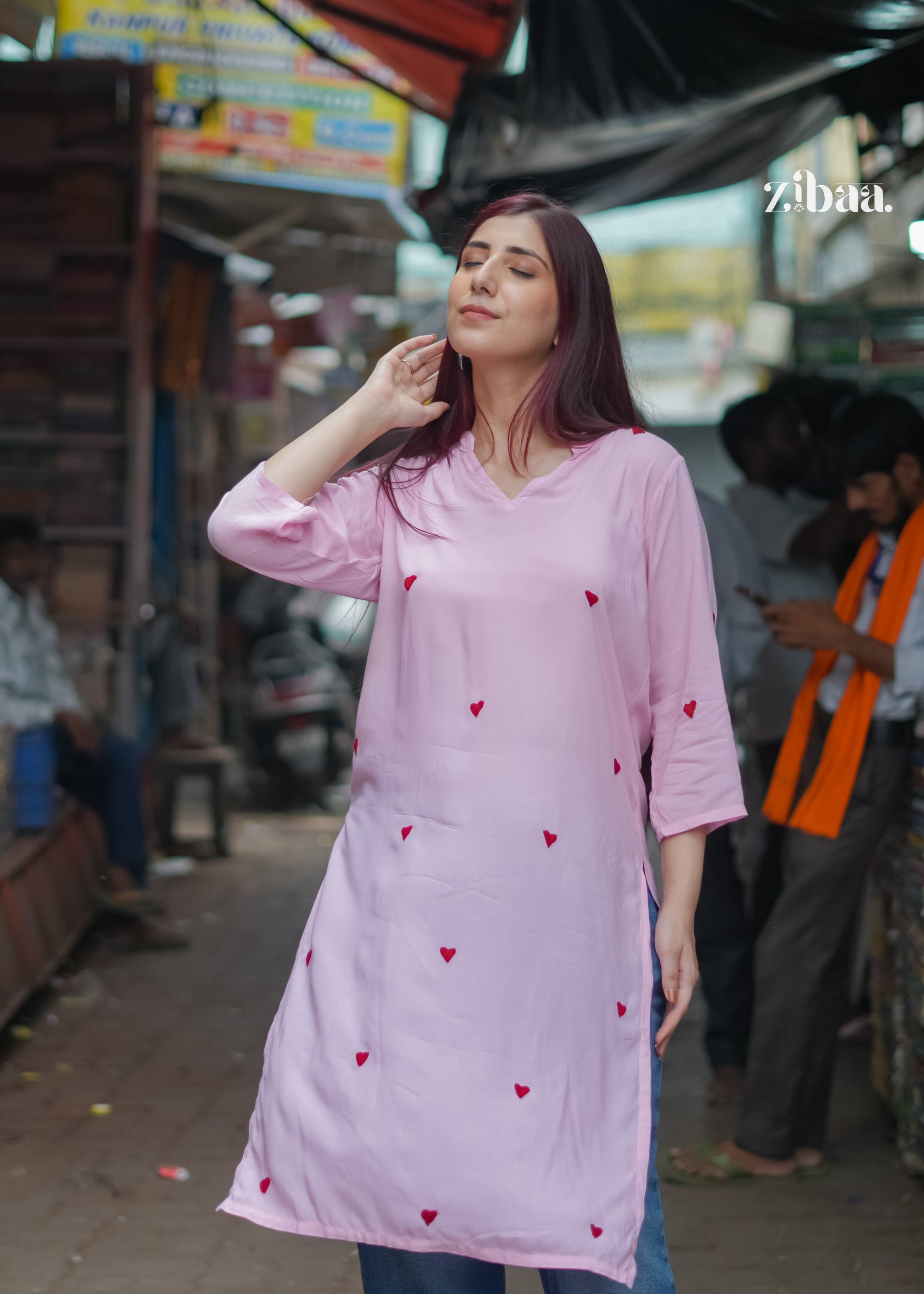 Zibaa Pink & Red Modal Chikankari Kurta - Swadesiicart