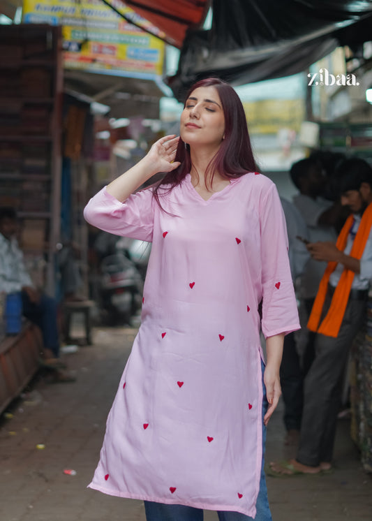 Zibaa Pink & Red Modal Chikankari Kurta - Swadesiicart