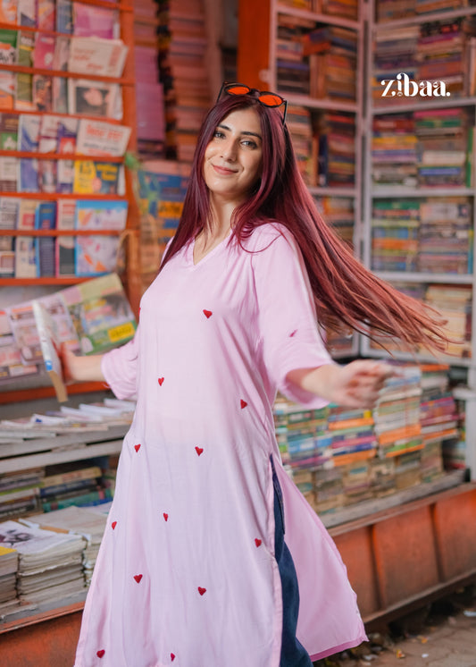 Zibaa Pink & Red Modal Chikankari Kurta - Swadesiicart