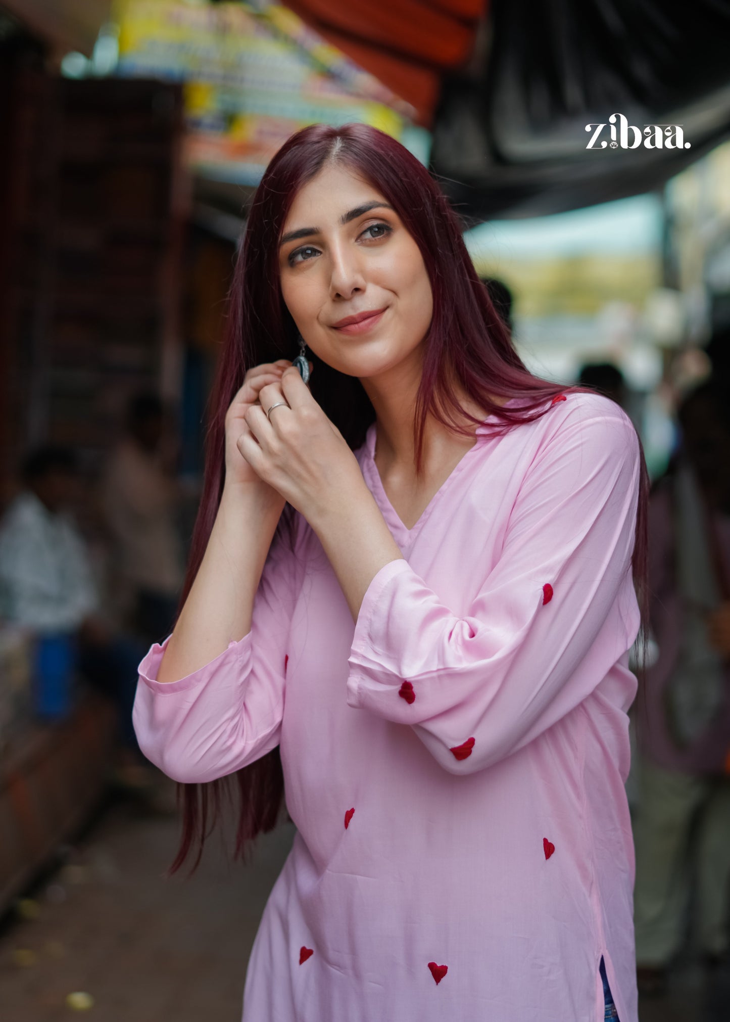 Zibaa Pink & Red Modal Chikankari Kurta - Swadesiicart