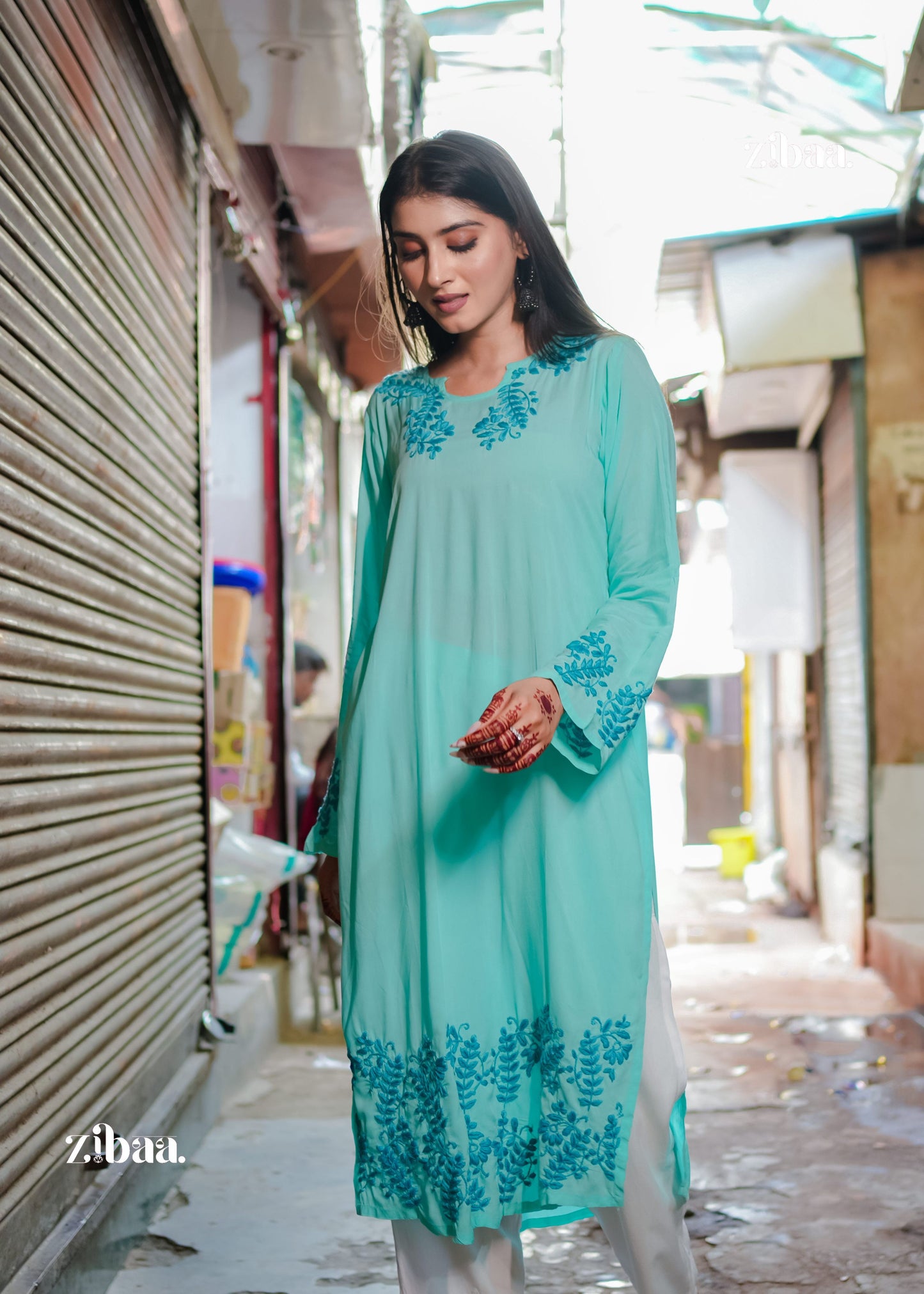 Zibaa Cyan Blue Modal Chikankari Kurta - Swadesiicart