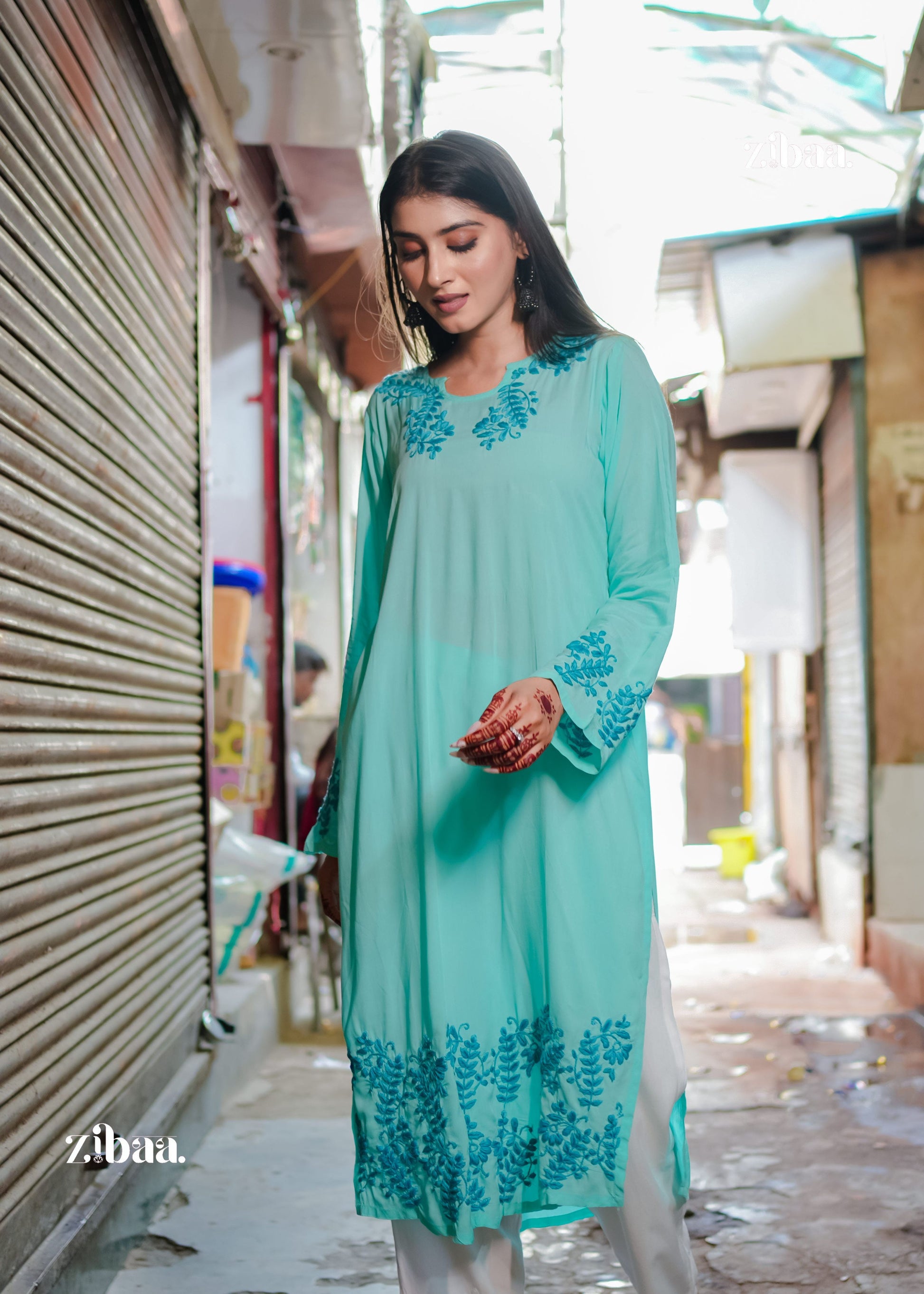 Zibaa Cyan Blue Modal Chikankari Kurta - Swadesiicart