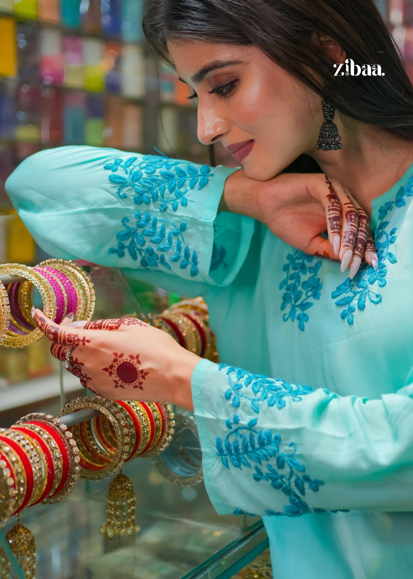 Zibaa Cyan Blue Modal Chikankari Kurta - Swadesiicart