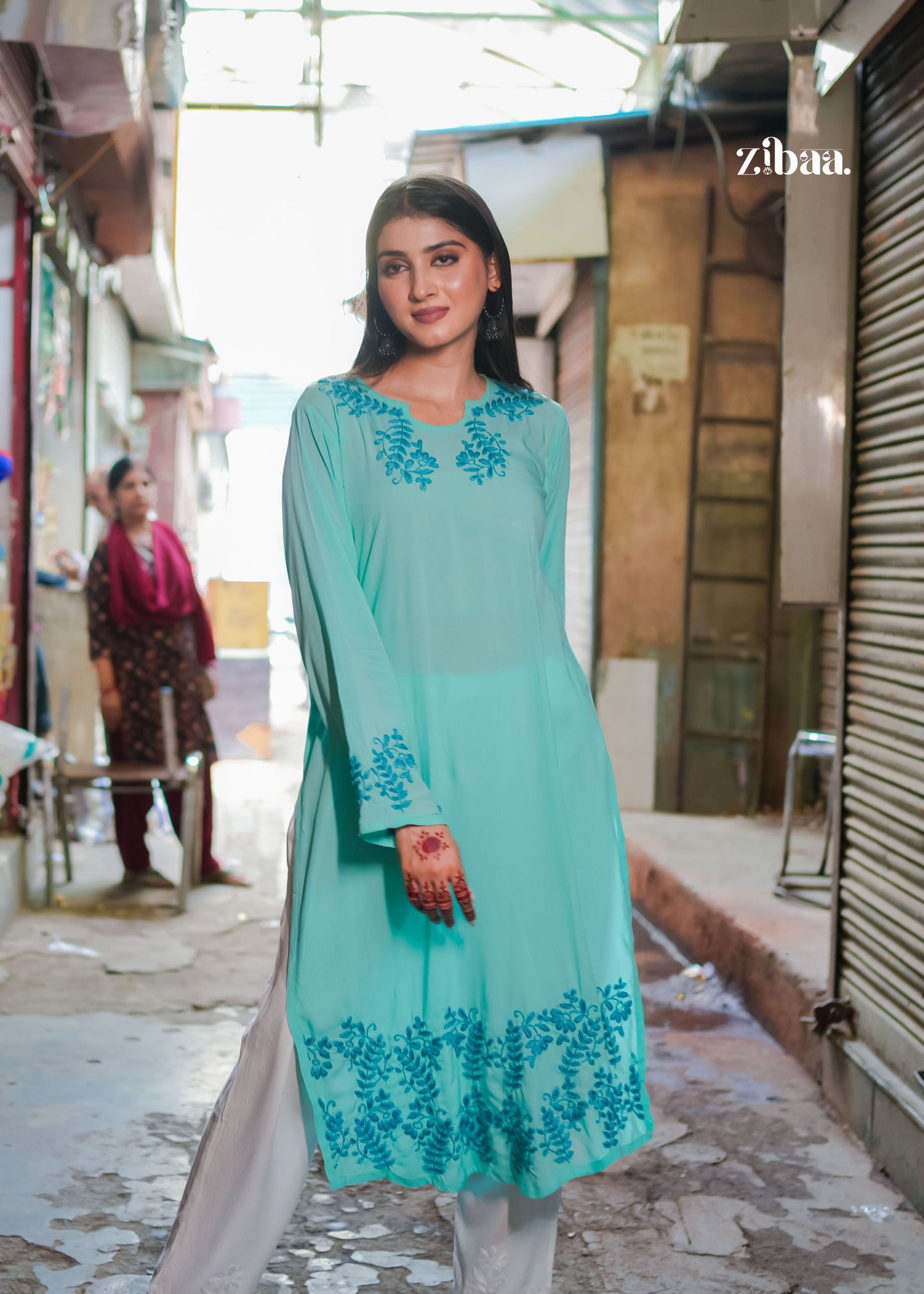 Zibaa Cyan Blue Modal Chikankari Kurta - Swadesiicart