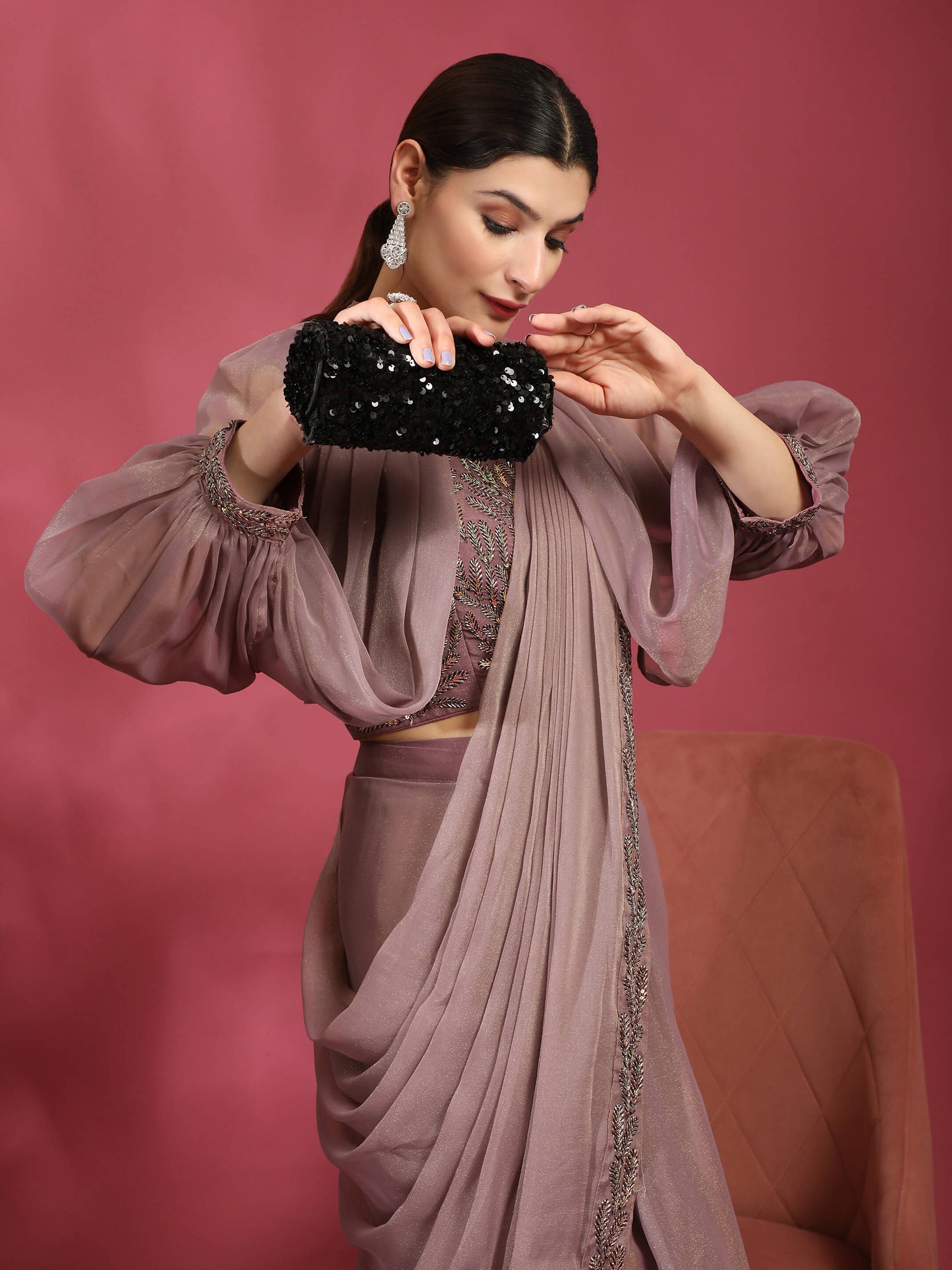 Purple Fancy Pure Fabric Plain Ready to wear Saree with stitched Blouse - Vrinda | Swadesiicart