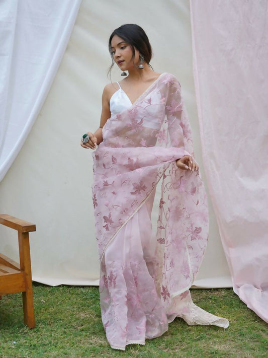 Vamsee Ishaq Baby Pink Organza Saree - Swadesiicart