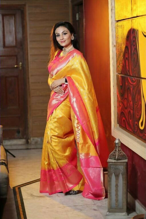 DEIANA'S Beautiful Designer Golden zari Soft Lichi Silk Saree - Yellow - Swadesiicart
