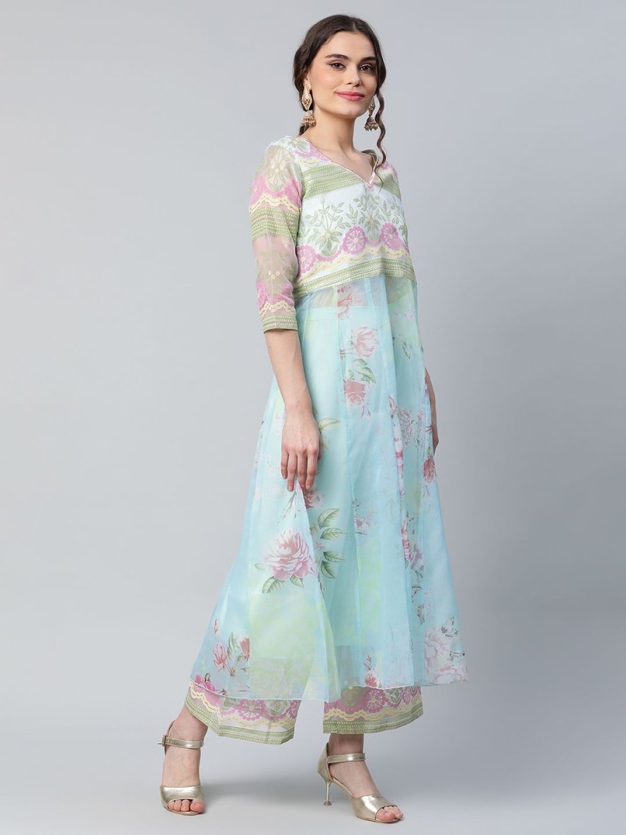 Ahalyaa Women Sea Green Organza Romantic Florals Kurta Palazzo Set | Swadesiicart