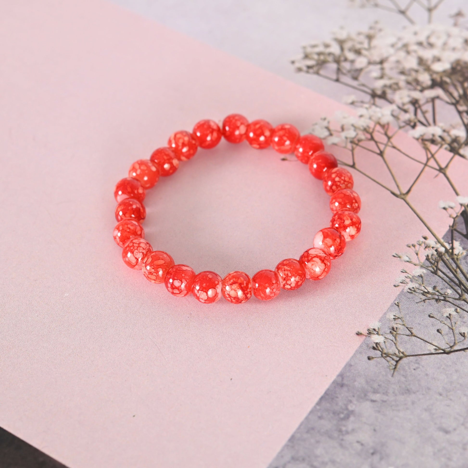 NVR Men & Women Red Marbel Crystal Elasticated Bracelet - Swadesiicart